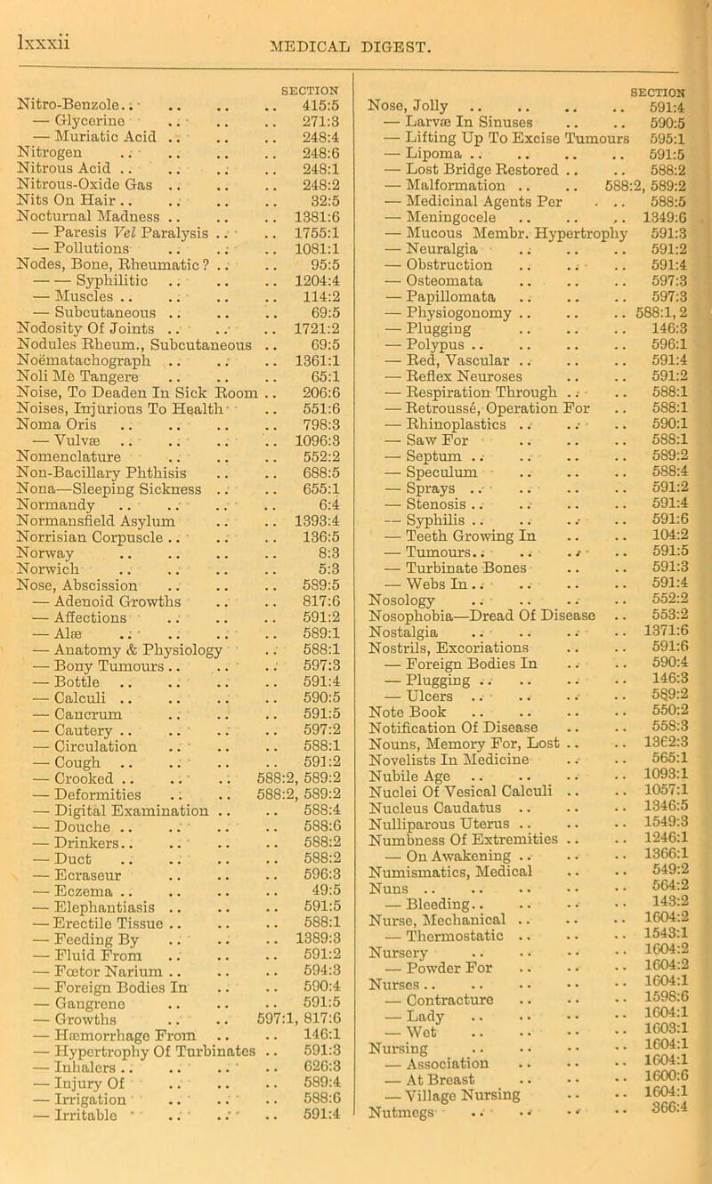 Nitro-Benzole.. SECTION .. 415:5 — Glycerine .. ■ .. 271:3 — Muriatic Acid .. 248:4 Nitrogen .. .. 248:6 Nitrous Acid .. 248:1 Nitrous-Oxide Gas .. .. 248:2 Nits On Hair .. 32:5 Nocturnal Madness .. .. 1381:6 — Paresis Vel Paralysis .. .. 1755:1 — Pollutions .. 1081:1 Nodes, Bone, Rheumatic ? .. 95:5 Syphilitic .. 1204:4 — Muscles .. 114:2 — Subcutaneous 69:5 Nodosity Of Joints .. .. 1721:2 Nodules Rheum., Subcutaneous 69:5 Noematachograph .. .. 1361:1 Noli Mb Tangere 65:1 Noise, To Deaden In Sick Room 206:6 Noises, Injurious To Health .. 551:6 Noma Oris 798:3 — Vulvse .. 1096:3 Nomenclature 552:2 Non-Bacillary Phthisis .. 688:5 Nona—Sleeping Sickness .. .. 655:1 Normandy .. ..- 6:4 Normansfield Asylum .. 1393:4 Norrisian Corpuscle .. 136:5 Norway 8:3 Norwich .. .. 5:3 Nose, Abscission .. 589:5 — Adenoid Growths 817:6 — Affections .. 591:2 — Alaa .. ■ .. 589:1 — Anatomy & Physiology .. 588:1 — Bony Tumours .. .. .. 597:3 — Bottle .. 591:4 — Calculi .. .. 590:5 — Cancrum .. 591:5 — Cautery .. .. 597:2 — Circulation .. .. 588:1 — Cough 591:2 — Crooked .. .. .. 588:2, 589:2 — Deformities .. .. 588:2, 589:2 — Digital Examination .. .. 588:4 — Douche .. .. .. 588:6 — Drinkers.. .. .. 588:2 — Duct .. 588:2 — Ecraseur .. 596:3 — Eczema .. 49:5 — Elephantiasis .. .. 591:5 — Erectile Tissue .. .. 588:1 — Feeding By .. 1389:3 — Fluid From 591:2 — Fcetor Narium .. .. 594:3 — Foreign Bodies In .. 590:4 — Gangrene 591:5 — Growths .. .. 597:1, 817:6 — Haemorrhage From 146:1 — Hypertrophy Of Turbinates .. 591:3 — Inhalers .. .. .. ' 626:3 — Injury Of .. 589:4 — Irrigation .. .. ' .. 588:6 — Irritablo ’ .. ' .. 591:4 rs Nose, Jolly — Larvae In Sinuses — Lifting Up To Excise Tumou — Lipoma .. — Lost Bridge Restored — Malformation .. .. 58 — Medicinal Agents Per — Meningocele — Mucous Membr. Hypertrophy — Neuralgia — Obstruction — Osteomata — Papillomata — Physiogonomy .. — Plugging — Polypus .. — Red, Vascular .. — Reflex Neuroses — Respiration Through — Retrousse, Operation Eor — Rhinoplasties .. — Saw For — Septum .. — Speculum — Sprays .. — Stenosis .. — Syphilis .. — Teeth Growing In — Tumours.. . ^ — Turbinate Bones — Webs In .; Nosology Nosophobia—Dread Of Disease Nostalgia Nostrils, Excoriations — Foreign Bodies In — Plugging .. — Ulcers .. Note Book Notification Of Disease Nouns, Memory For, Lost Novelists In Medicine Nubile Age Nuclei Of Vesical Calculi Nucleus Caudatus .. Nulliparous Uterus Numbness Of Extremities — On Awakening Numismatics, Medical Nuns .. — Bleeding.. Nurse, Mechanical . — Thermostatic . Nursery — Powder For Nurses .. — Contracture — Lady — Wet Nursing — Association — At Breast — Village Nursing Nutmegs SECTION 591:4 590:5 595:1 591:5 588:2 1:2, 589:2 588:5 1349:G 591:3 591:2 591:4 597:3 597:3 588:1,2 146:3 596:1 591:4 591:2 588:1 588:1 590:1 588:1 589:2 588:4 591:2 591:4 591:6 104:2 591:5 591:3 591:4 552:2 553:2 1371:6 591:6 590:4 146:3 589:2 550:2 55S:3 1362:3 565:1 1093:1 1057:1 1346:5 1549:3 1246:1 1366:1 549:2 564:2 143:2 1604:2 1543:1 1604:2 1604:2 1604:1 1598:6 1604:1 1603:1 1604:1 1604:1 1600:6 1604:1 366:4