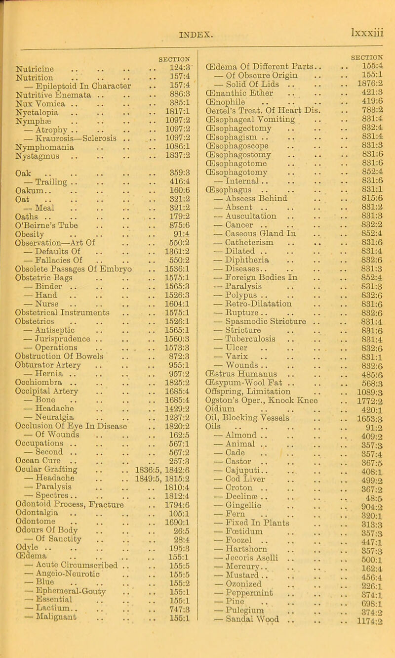 Nutricine SECTION .. 124:3 Nutrition 157:4 — Epileptoid In Character 157:4 Nutritive Enemata .. 886:3 Nux Vomica .. 385:1 Nyctalopia 1817:1 Nymphse 1097:2 — Atrophy .. 1097:2 — Kraurosis—Sclerosis .. 1097:2 Nymphomania 1086:1 Nystagmus 1837:2 Oak 359:3 — Trailing 416:4 Oakum.. 160:6 Oat 321:2 — Meal 321:2 Oaths .. 179:2 O’Beirne’s Tube 875:6 Obesity 91:4 Observation—Art Of 550:2 — Defaults Of 1361:2 — Fallacies Of 550:2 Obsolete Passages Of Embryo 1536:1 Obstetric Bags 1575:1 — Binder .. 1565:3 — Hand 1526:3 — Nurse 1604:1 Obstetrical Instruments 1575:1 Obstetrics 1526:1 — Antiseptic 1565:1 — Jurisprudence .. 1560:3 — Operations • • 1573:3 Obstruction Of Bowels 872:3 Obturator Artery 955:1 — Hernia .. 957:2 Oechiombra .. 1825:2 Occipital Artery 1685:4 — Bone 1685:4 — Headache 1429:2 — Neuralgia 1237:2 Occlusion Of Eye In Disease 1820:2 — Of Wounds 162:5 Occupations .. 567:1 — Second .. 567:2 Ocean Cure .. 257:3 Ocular Grafting 1836:5, 1842:6 — Headache 1849:5, 1815:2 — Paralysis 1810:4 — Spectres.. 1812:4 Odontoid Process, Fracture 1794:6 Odontalgia 105:1 Odontome 1690:1 Odours Of Body 26:5 — Of Sanctity 28:4 Odyle 195:3 (Edema 155:1 — Acute Circumscribed .. 155:5 — Angeio-Neurotic 155:5 — Blue 155:2 — Ephemeral-Gouty 155:1 —• Essential 155:1 — Lactium.. 747:3 — Malignant 155:1 (Edema Of Different Parts.. SECTION 155:4 — Of Obscure Origin 155:1 — Solid Of Lids .. .. 1876:2 (Enanthic Ether .. 421:3 CEnopliile .. 419:6 Oertel’s Treat. Of Heart Dis. .. 783:2 (Esophageal Vomiting .. 831:4 (Esophagectomy .. 832:4 (Esophagism 831:4 (Esophagoscope .. 831:3 (E sophagostomy .. 831:6 (Esophagotome .. 831:6 CEsophagotomy .. 852:4 — Internal .. .. 831:6 (Esophagus .. 831:1 — Abscess Behind 815:6 — Absent .. .. 831:2 — Auscultation .. 831:3 — Cancer .. .. 832:2 — Caseous Gland In 852:4 — Catheterism .. 831:6 — Dilated .. 831:4 — Diphtheria .. 832:6 — Diseases.. 831:3 — Foreign Bodies In 852:4 — Paralysis .. 831:3 — Polypus .. .. 832:6 — Retro-Dilatation .. 831:6 — Rupture.. .. 832:6 — Spasmodic Stricture .. 831:4 — Stricture 831:6 — Tuberculosis .. 831:4 — Ulcer .. 832:6 — Varix .. 831:1 — Wounds .. 832:6 CEstrus Humanus 485:6 (Esypum-Wool Fat .. .. 568:3 Offspring, Limitation .. 1089:3 Ogston’s Oper., Knock Knee .. 1772:2 Oidium .. 420:1 Oil, Blocking Vessels .. 1653:3 Oils 91:2 — Almond .. 409:2 — Animal .. 357:3 — Cade . • 357:4 — Castor .. 367:5 — Cajuputi.. • • 408:1 — Cod Liver 499:2 — Croton .. 367:2 — Deelinre .. 48:5 — Gingellio 904:2 — Fern • • 320:1 — Fixed In Plants 313:3 — Foetidum 357:3 — Foozol .. 447:1 — Hartshorn • • 357:3 — Jecoris Asolli .. 500:1 — Mercury.. • - 162:4 — Mustard.. 456:4 — Ozonized 226:1 — Peppermint • • 374:1 — Pine 698:1 — Pulegium 374:2 — Sandal Wood .. •• 1174:2