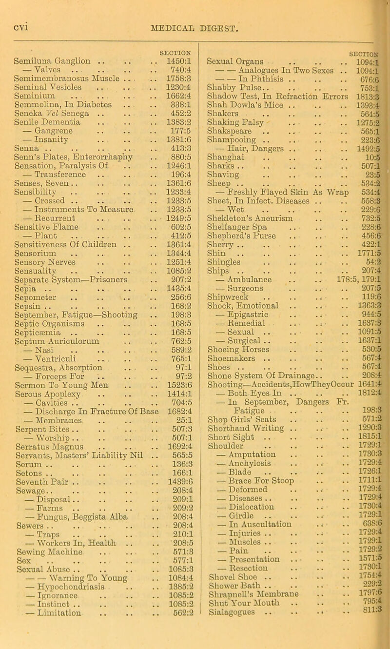 Semiluna Ganglion .. SECTION 1450:1 Sexual Organs SECTION .. 1094:1 — Valves 740:4 Analogues In Two Sexes 1094:1 Semimembranosus Muscle ... 1758:3 In Phthisis .. 676:6 Seminal Vesicles 1230:4 Shabby Pulse.. 753:1 Seminium .. .. ... 1662:4 Shadow Test, In Refraction Errors 1813:3 Semmolina, In Diabetes 338:1 Shah Dowla’s Mice .. 1393:4 Seneka Vel Senega .. 452:2 Shakers 564:5 Senile Dementia 1383:2 Shaking Palsy - 1275:2 — Gangrene 177:5 Shakspeare 565:1 — Insanity- 1381:6 Shampooing .. 223:6 Senna 413:3 — Hair, Dangers .. 1492:5 Senn’s Plates, Enterorrlraphy 880:5 Shanghai 10:5 Sensation, Paralysis Of 1246:1 Sharks .. 507:1 — Transference 196:4 Shaving 23:5 Senses, Seven.. 1361:6 Sheep .. 534:2 Sensibility .. .. 1233:4 — Freshly Flayed Skin As Wrap 534:4 — Crossed .. 1233:5 Sheet, In Infect. Diseases .. 558:3 — Instruments To Measure 1233:5 — Wet 229:6 — Recurrent 1249:5 Shekleton’s Aneurism 732:5 Sensitive Flame 602:5 Shelfanger Spa 228:6 — Plant 412:5 Shepherd’s Purse 456:6 Sensitiveness Of Children 1361:4 Sherry .. 422:1 Sensorium 1344:4 Shin 1771:5 Sensory Nerves 1251:4 Shingles 54:2 Sensuality 1085:2 Ships 207:4 Separate System—Prisoners 207:2 — Ambulance 17S:5,179:1 Sepia 1435:4 — Surgeons 207:5 Sepometer 256:6 Shipwreck 119:6 Sepsin 168:2 Shock, Emotional .. . 1303:3 September, Fatigue—Shooting 198:3 — Epigastric 944:5 Septic Organisms 168:5 — Remedial .. ■ 1637:3 SepticEemia .. 168:5 — Sexual .. 1091:5 Septum Auriculorum 762:5 — Surgical .. 1637:1 — Nasi 589:2 Shoeing Horses 530:5 — Ventriculi 765:1 Shoemakers .. 567:4 Sequestra, Absorption 97:1 Shoes 567:4 — Forceps For 97:2 Shone System Of Drainage.. 20S:4 Sermon To Young Men 1523:6 Shooting—Accidents, HowTheyOccur 1641:4 Serous Apoplexy 1414:1 — Both Eyes In .. 1S12:4 — Cavities .. 704:5 — In September, Dangers Fr. 19S:3 — Discharge In Fracture Of Base 1682:4 Fatigue Shop Girls’ Seats — Membranes. 25:1 571:2 Serpent Bites .. .. .. 507:3 Shorthand Writing .. 1290:3 — Worship 507:1 Short Sight 1S15:1 Serratus Magnus 1692:4 Shoulder 1729:1 Servants, Masters’ Liability Nil .. 565:5 — Amputation 1730:3 Serum 136:3 — Anchylosis 1729:4 Setons .. 166:1 — Blade 1726:1 Seventh Pair 1439:6 — Brace For Stoop 1711:1 Sewage.. 208:4 — Deformed 1729:4 — Disposal.. 209:1 — Diseases .. 1729:4 — Farms .. 209:2 — Dislocation 1730:4 — Fungus, Beggista Alba 208:4 — Girdle 1729:1 Sewers .. 208:4 — In Auscultation . j 63S:6 — Traps 210:1 — Injuries .. 1729:4 — Workers In, Health 208:5 — Muscles 1729:1 Sewing Machine 571:3 — Pain 1729:2 Sex 577:1 — Presentation 1571:5 Sexual Abuse .. 1085:3 — Resection 1730:1 Warning To Young 1084:4 Shovel Shoe 1754:4 — Hypochondriasis 1385:2 Shower Bath .. 229:2 — Ignorance 1085:2 Shrapnell’s Membrane 1797:6 — Instinct .. 1085:2 Shut Your Mouth 795:4 — Limitation 562:2 Sialagogues 811:3