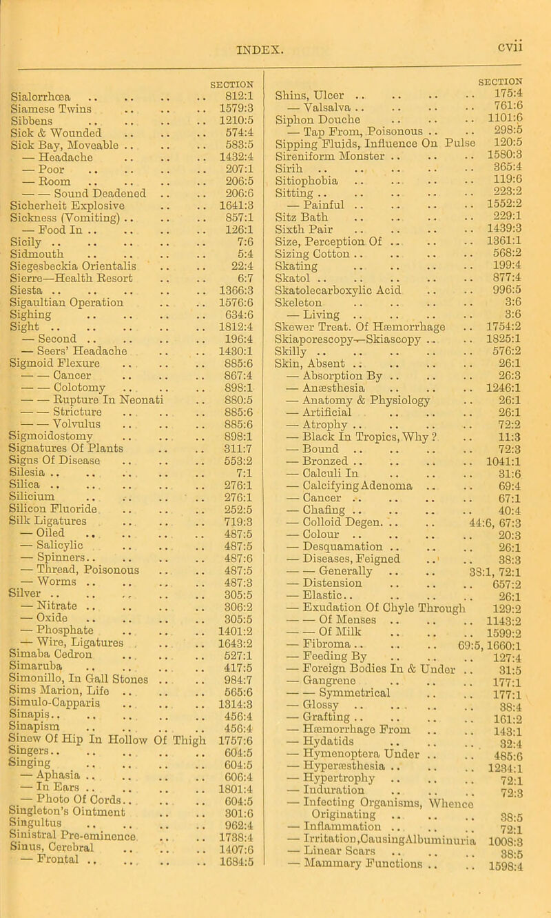 Sialorrhea SECTION 812:1 Siamese Twins 1579:3 Sibbens 1210:5 Sick & Wounded 574:4 Sick Bay, Moveable .. 583:5 . — Headache 1432:4 — Poor 207:1 — Room 206:5 Sound Deadened 206:6 Sicherheit Explosive 1641:3 Sickness (Vomiting) .. 857:1 — Food In .. 126:1 Sicily 7:6 Sidmouth 5:4 Siegesbeckia Orientalis 22:4 Sierre—Health Resort 6:7 Siesta 1366:3 Sigaultian Operation 1576:6 Sighing 634:6 Sight 1812:4 — Second .. 196:4 — Seers’ Headache 1430:1 Sigmoid Flexure 885:6 Cancer 867:4 Colotomy 898:1 Rupture In Neonati 880:5 Stricture 885:6 — — Volvulus 885:6 Sigmoidostomy 898:1 Signatures Of Plants 311:7 Signs Of Disease 553:2 Silesia .. 7:1 Silica 276:1 Silicium 276:1 Silicon Fluoride 252:5 Silk Ligatures 719:3 — Oiled .. 487:5 — Salicylic 487:5 — Spinners.. 487:6 — Thread, Poisonous 487:5 —- Worms .. 487:3 Silver .. 305:5 — Nitrate .. 306:2 — Oxide 305:5 — Phosphate 1401:2 — Wire, Ligatures 1643:2 Simaba Cedron 527:1 Simaruba 417:5 Simonillo, In Gall Stones 984:7 Sims Marion, Life .. 565:6 Simulo-Capparis 1314:3 Sinapis 456:4 Sinapism 456:4 Smew Of Hip In Hollow Of Thigh 1757:6 Singers 604:5 Singing 604:5 — Aphasia ., 606:4 — In Ears .. 1801:4 — Photo Of Cords.. 604:5 Singleton’s Ointment 301:6 Singultus 962:4 Sinistral Pre-eminence 1738:4 Sinus, Cerebral 1407:6 — Frontal .. 1684:5 Shins, Ulcer .. SECTION .. 175:4 — Valsalva .. 761:6 Siphon Douche .. 1101:6 — Tap From, Poisonous .. 298:5 Sipping Fluids, Influence On Pulse 120:5 Sireniform Monster .. .. 1580:3 Sirih .. 365:4 Sitiophobia 119:6 Sitting 223:2 — Painful .. 1552:2 Sitz Bath 229:1 Sixth Pair .. 1439:3 Size, Perception Of . - .. 1361:1 Sizing Cotton .. 568:2 Skating 199:4 Skatol .. 877:4 Skatolecarboxylic Acid .. 996:5 Skeleton 3:6 — Living .. 3:6 Skewer Treat. Of Haemorrhage .. 1754:2 Skiaporescopy-r-Skiascopy ... .. 1825:1 Skilly .. .. 576:2 Skin, Absent .. 26:1 — Absorption By .. 26:3 — Anaesthesia .. 1246:1 — Anatomy & Physiology 26:1 — Artificial 26:1 — Atrophy .. 72:2 — Black In Tropics, Why ? 11:3 — Bound 72:3 — Bronzed .. .. 1041:1 — Calculi In 31:6 — Calcifying Adenoma .. 69:4 — Cancer .. 67:1 — Chafing .. 40:4 — Colloid Degen. '.. 44:6, 67:3 — Colour .. 20:3 — Desquamation .. 26:1 — Diseases, Feigned ..1 38:3 Generally 3S:1, 72:1 — Distension .. 657:2 — Elastic.. 26:1 — Exudation Of Chyle Through 129:2 Of Menses .. .. 1143:2 Of Milk .. 1599:2 — Fibroma.. 69:5,1660:1 — Feeding By .. 127:4 — Foreign Bodies In & Under 31:5 — Gangrene .. 177:1 Symmetrical .. 177:1 — Glossy .. 38:4 — Grafting .. 161:2 — Haemorrhage From 143:1 — Hydatids .. . 32:4 — Hymenoptera Under .. ■ • 485:6 — Hypercesthesia .. .. 1234:1 — Hypertrophy 72:1 — Induration 723 — Infecting Organisms, Whence Originating 38:5 — Inflammation ... 79-1 — Irritation,CausingAlbuminuria 1008-3 — Linear Scars 38:5 — Mammary Functions .. • • 1598:4