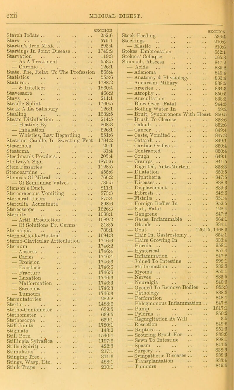 Starch Iodate.. SECTION .. 252:6 Stock Feeding SECTION .. 536:4 Stars .. 579:1 Stockings 210:6 Startin’s Iron Mixt. .. 293:4 — Elastic .. 210:6 Startings In Joint Disease .. 1749:2 Stokes’ Embrocation 652:1 Starvation 119:3 Stokers’ Collapse 185:3 — As A Treatment 553:5 Stomach, Abscess 847:2 — Chronic .. 126:1 — Acids 835:2 State, The, Relat. To The Profession 565:4 — Adenoma 849:4 Statistics 555:6 — Anatomy & Physiology 833:4 Stature.. 1788:2 — Aneurism, Miliary 838:5 — & Intellect 1260:4 — Arteries .. 834:3 Stavesacre 466:2 — Atrophy .. 850:5 Stays .. 211:1 — Auscultation 838:3 Steadle Splint 1760:5 — Blow Over, Fatal 944:5 Steak A La Salisbury 126:1 — Boiling Water In 59:2 Stealing 1382:5 — Bruit, Synchronous With Heart 850:5 Steam Disinfection .. 214:5 — Brush To Cleanse 838:6 — Heating By 208:3 — Calculi .. 852:6 — Inhalation 626:1 — Cancer .. 849:4 — Whistles, Law Regarding 551:6 — Casts, Vomited .. 847:2 Stearine Candle, In Sweating Feet 1784:2 — Catarrh .. 849:1 Stearrhcea 29:1 — Cardiac Orifice .. 850:4 Steatoma 31:4 — Contracted 850:4 Steedman’s Powders.. 203:4 — Cough 649:1 Stellway’s Sign 1875:6 — Cramps .. 841:5 Stem Pessaries 1128:5 — Digested, Ante-Mortem 838:3 Stenocarpine .. .. .. 455:6 — Dilatation S50:5 Stenosis Of Mitral .. 766:2 — Diphtheria 847:5 — Of Semilunar Valves .. 739:5 — Diseases .. 838:3 Stenson’s Duct. 811:1 — Displacement .. 839:3 Stercoraceous Vomiting 873:3 — Fibrosis .. S4S:6 Stercoral Ulcers 875:4 — Fistulas .. 851:4 Sterculia Acuminata 398:6 — Foreign Bodies In S52:5 Stereoscope 1626:3 — Full, Fatal 122:4 Sterility — Artif. Production 1088:1 — Gangrene S47:2 1089:2 — Gases, Inflammable .. 864:1 — Of Solutions Fr. Germs 318:5 — Glands .. 834:1 Sternalgia 788:1 — Gout 1261:5, 1468:3 Sterno-Cleido-Mastoid 1694:3 — Hair In, Gastrostomy.. S54:l Sterno-Clavicular Articulation 1746:6 — Hairs Growing In S33:4 Sternum 1746:2 -— Hernia .. 958:1 — Abscess .. 1746:4 — Hysterical S57:4 — Caries 1746:4 ■— Inflammation .. S47:2 — Excision 1746:6 — Joined To Intestine S9S:1 — Exostosis 1746:6 — Malformation .. S39:3 — Fracture 1746:6 — Myoma .. 850:1 — Luxation 1746:6 — Nerves .. S33:5 — Malformation .. 1746:3 — Neuralgia S40:3 — Sarcoma 1746:3 — Opened To Remove Bodies 855:3 — Tumours 1746:3 — Pathology S3S:3 Sternutatories 222:2 — Perforation S4S:1 Stertor .. 1428:6 — Phlegmonous Inflammation 847:2 Stetho-Goniometer .. 639:5 — Pump 1617:1 Stethometer .. 639:5 — Pylorus .. 850:2 Stethoscope .. 639:1 — Regurgitation At Will 3:5 Stiff Joints 1720:1 — Resection 849:6 Stigmata 143:2 — Rupture .. S51:3 Still Born 1540:4 — Scouring Brush For .. S3S:6 Stillingia Sylvafica .. 1197:6 — Sewn To Intestine 89S:1 Stills (Spirit) .. 422:3 — Spasm S41:5 Stimulants' .. 217:1 — Surgery 83S:6 Stinging Tree .. 311:6 — Sympathetic Diseases .. S3S:3 Stings, Wasp, Etc. .. Stink Traps .. 488:1 — Transplantation S33:4 210:1 — Tumours 849:4