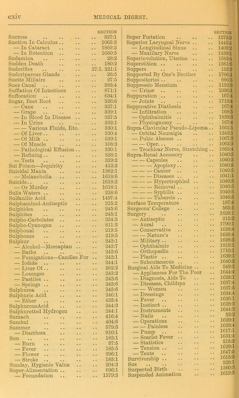 SECTION Sucrose .. .. .. 327:1 Suction In Calculus .. .. .. 1065:3 — In Cataract .. .. .. 1869:2 — In Detention .. .. .. 1050:5 Sudamina .. .. .. .. 28:2 Sudden Death .. .. .. 180:2 Sudorifics .. .. .. 27:1. 221:1 Sudoriparous Glands .. .. 26:5 Suette Miliaire .. .. .. 27:5 Suez Canal .. .. .. .. 585:4 Sufflation Of Intestines .. .. 871:1 Suffocation .. .. .. .. 634:1 Sugar, Beet Boot .. .. .. 326:6 — Cane .. .. .. .. 327:1 — Grape .. .. .. .. 329:1 — In Blood In Disease .. .. 327:5 — In Urine .. .. .. 332:1 Various Fluids, Etc. .. 330:1 — Of Liver .. .. .. .. 330:4 — Of Milk 539:1 — Of Muscle 108:3 — Pathological Effusion .. .. 330:1 — Defining .. .. .. .. 328:1 — Tests ., .. .. .. 329:2 Sui Poison—Jequirity .. .. 412:2 Suicidal Mania .. .. .. 1382:1 — Melancholia .. .. .. 1618:6 Suicide.. .. .. .. .. 1618:2 — Or Murder .. .. .. 1618:1 Sulis Waters ., .. .. .. 228:6 Sulfanilic Acid .. .. .. 1497:4 Sulphaminol-Antiseptic .. .. 215:2 Sulphides .. .. .. .. 245:6 Sulphites 245:1 Sulpho-Carbolates .. .. .. 354:5 Sulpho-Cyanogen .. .. .. 811:3 Sulphonal .. .. .. • • 219:5 Sulphones .. .. .. • • 219:5 Sulphur 243:1 — Alcohol—Mercaptan .. .. 243:7 — Baths ., .. .. .. 243:6 — Fumigations—Candles For .. 243:1 — Iodide .. .. ». . • 244:1 — Liver Of .. .. .. • • 262:2 — Lozenges .. .. .. 243:2 — Pastiles .. ., .. .. 243:6 — Springs .. .. .. . • 243:6 Sulphurea 245:6 Sulphuric Acid 246:1 — Ether .. .. .. .. 433:4 SulphurousAcid .. .. .. 244:3 Sulphuretted Hydrogen .. .. 244:1 Sumach .. .. .. .. 416:4 Sumbul 404:6 Summer .. .. .. . • 579:3 — Diarrhoea .. .. .. 910:1 Sun .. .. .. .. . • 183:1 — Burn .. .. .. .. 37:5 — Fever .. .. .. .. 185:5 — Flower 396:1 — Stroke .. ., ., .. 185:1 Sunday, Hygienic Value .. .. 204:3 Super-Alimentation .. .. .. 696:1 — Fec.undation .. .. .. 1579:3 Super Fcetation SECTION . 1579:3 Superior Laryngeal Nerve .. 1445:4 — Longitudinal Sinus 1408:2 — Maxillary Nerve 1439:1 Superinvolution, Uterine .. 1582:4 Superstition .. 1361:6 Suppers. . • 123:3 Supported By One’s Brother . . 1706:1 Suppositories .. . . 886:5 Suppressio Mensimn 1152:3 — Urinffi . . 1036:1 Suppuration .. 167:4 — Joints 1719:4 Suppurative Diathesis . . 167:4 — Infiltration . . 168:5 — Ophthalmitis .. . . 1839:3 — Physiognomy 167:4 Supra-Clavicular Pseudo-Lipoma . . 1661:1 — Orbital Neuralgia 1243:1 — Pubic Abscess .. . . 1067:3 Oper. .. . . 1062:3 — Trochlear Nerve, Stretching . . 1865:4 Supra-Renal Accessory . . 1040:5 Capsules . • 1040:3 Apoplexy.. 1040:5 — Cancer . . 1040:5 Diseases .. 1041:1 — Hypertrophied .. 1040:3 Removal .. 1040:3 Syphilis .. 1040:5 Tubercle . . 1040:5 Surface Temperature 187:4 Surgeons’ College 565:1 Surgery. 1628:1 — Antiseptic 215:2 — Aural 1790:1 — Conservative 162S:4 Nature’s . . 1628:4 — Military.. . . 1628:3 — Ophthalmic 1S19:1 — Orthopaedic • • 1710:1 — Plastic .. . . 1639:1 — Subcutaneous . . 1640:2 Surgical Aids To Medicine .. 549:2 — Appliances For The Poor 1644:4 — Diagnosis, Aids To 162S:1 — Diseases, Children . . 1637:4 Women 1637:5 — Dressings 1634:4 — Fever 1636:1 — Instinct .. . . 162S:3 — Instruments 1644:3 — Nails . . 32:2 — Operations 1629:1 Painless . . 1633:4 — Pump • • 1617:1 — Scarlet Fever .. • . 1631:4 — Statistics 215:3 — Tension .. 1629:1 — Tents . . 1647:5 Survivorship Sus .. 1615:5 529:1 Suspected Birth 1560:3 Suspended Animation * ‘ 1619:3