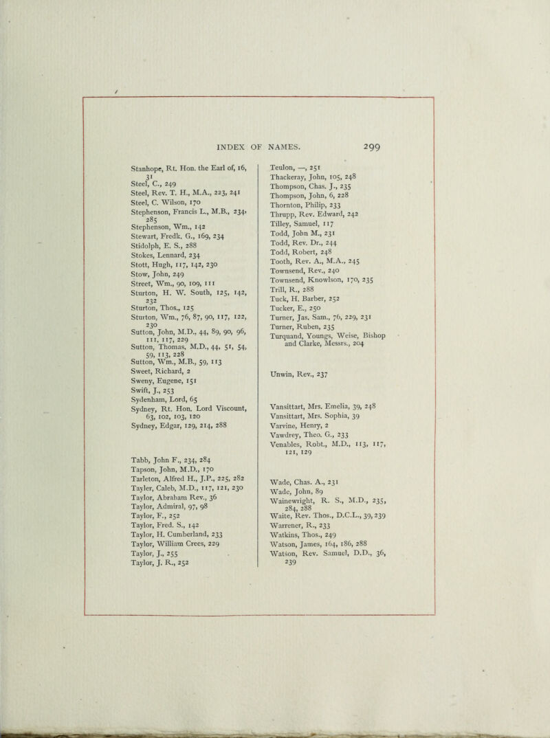 Stanhope, Rt. Hon. the Earl of, 16, 3i Steel, C., 249 Steel, Rev. T. H., M.A., 223, 241 Steel, C. Wilson, 170 Stephenson, Francis L., M.B., 234, 285 Stephenson, Wm,, 142 Stewart, Fredk. G., 169, 234 Stidolph, E. S., 288 Stokes, Lennard, 234 Stott, Hugh, 117, 142, 230 Stow, John, 249 Street, Wm., 90, 109, ill Sturton, H. W. South, 125, 142, 232 Sturton, Thos., 125 Sturton, Wm., 76, 87, 90, 117, 122, 230 Sutton, John, M.D., 44, 89, 90, 96, ill, 117, 229 Sutton, Thomas, M.D., 44, 5r> 54> 59, 113, 228 Sutton, Wm., M.B., 59, 113 Sweet, Richard, 2 Sweny, Eugene, 151 Swift, J., 253 Sydenham, Lord, 65 Sydney, Rt. Hon. Lord Viscount, 63, 102, 103, 120 Sydney, Edgar, 129, 214, 288 Tabb, John F., 234, 284 Tapson, John, M.D., 170 Tarleton, Alfred H., J.P., 225, 282 Tayler, Caleb, M.D., 117, 121, 230 Taylor, Abraham Rev., 36 Taylor, Admiral, 97, 98 Taylor, F., 252 Taylor, Fred. S., 142 Taylor, H. Cumberland, 233 Taylor, William Crees, 229 Taylor, J„ 255 Taylor, J. R., 252 Teulon, —, 251 Thackeray, John, 105, 248 Thompson, Chas. J., 235 Thompson, John, 6, 228 Thornton, Philip, 233 Thrupp, Rev. Edward, 242 Tilley, Samuel, 117 Todd, John M., 231 Todd, Rev. Dr., 244 Todd, Robert, 248 Tooth, Rev. A., M.A., 245 Townsend, Rev., 240 Townsend, Knowlson, 170, 235 Trill, R., 288 Tuck, H. Barber, 252 Tucker, E., 250 Turner, Jas. Sam., 76, 229, 231 Turner, Ruben, 235 Turquand, Youngs, Weise, Bishop and Clarke, Messrs., 204 Unwin, Rev., 237 Vansittart, Mrs. Emelia, 39, 248 Vansittart, Mrs. Sophia, 39 Varvine, Henry, 2 Vawdrey, Theo. G., 233 Venables, Robt., M.D., 113, 117» 121, 129 Wade, Chas. A., 231 Wade, John, 89 Wainewright, R. S., M.D., 235, 284, 288 Waite, Rev. Thos., D.C.L., 39, 239 Warrener, R., 233 Watkins, Thos., 249 Watson, James, 164, 186, 288 Watson, Rev. Samuel, D.D., 36, 239