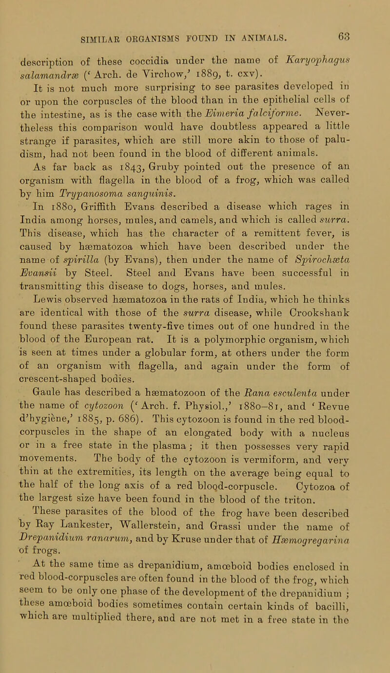 description of these coccidia under the name of Karyophagus scilamandrse ('Arch, de Virchow/ 1889, t. cxv). It is not much more surprising to see parasites developed in or upon the corpuscles of the blood than in the epithelial cells of the intestine, as is the case with the Eimeria falcifor me. Never- theless this comparison would have doubtless appeared a little strange if parasites, which are still more akin to those of palu- dism, had not been found in the blood of different animals. As far back as 1843, Gruby pointed out the presence of an organism with flagella in the blood of a frog, which was called by him Trypanosoma sanguinis. In 1880, Griffith Evans described a disease which rages in India among horses, mules, and camels, and which is called surra. This disease, which has the character of a remittent fever, is caused by hsematozoa which have been described under the name of spirilla (by Evans), then under the name of Spirochseta Evansii by Steel. Steel and Evans have been successful in transmitting this disease to dogs, horses, and mules. Lewis observed haematozoa in the rats of India, which he thinks are identical with those of the surra disease, while Crookshank found these parasites twenty-five times out of one hundred in the blood of the European rat. It is a polymorphic organism, which is seen at times under a globular form, at others under the form of an organism with flagella, and again under the form of crescent-shaped bodies. Gaule has described a hasmatozoon of the Rana esculenta under the name of cytozoon ('Arch. f. Physiol./ 1880-81, and ‘Revue d’hygiene/ 1885, P- 686). This cytozoon is found in the red blood- corpuscles in the shape of an elongated body with a nucleus or in a free state in the plasma ; it then possesses very rapid movements. The body of the cytozoon is vermiform, and verv thin at the extremities, its length on the average being equal to the half of the long axis of a red blood-corpuscle. Cytozoa of the largest size have been found in the blood of the triton. these parasites of the blood of the frog have been described by Ray Lankester, Wallerstein, and Grassi under the name of Drepanidium ranarum, and by Kruse under that of Hdsmogregarina of frogs. At the same time as drepanidium, amoeboid bodies enclosed in led blood-corpuscles are often found in the blood of the frog, which seem to be only one phase of the development of the drepanidium ; these amoeboid bodies sometimes contain certain kinds of bacilli, which are multiplied there, and are not met in a free state in the