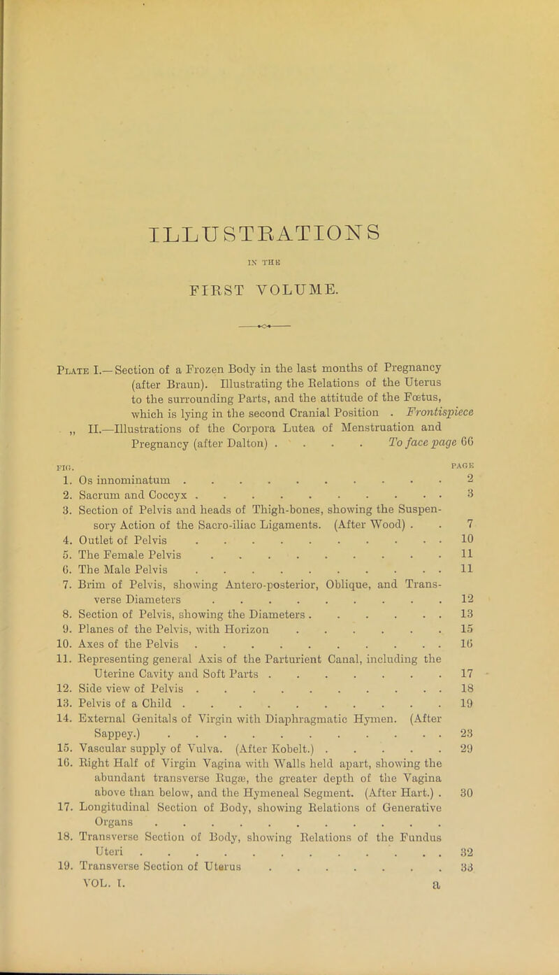 ILLUSTBATIONS IX THK FIRST VOLUME. Plate I.—Section of a Frozen Body in the last months of Pregnancy (after Braun). Illustrating the Relations of the Uterus to the surrounding Parts, and the attitude of the Foetus, which is lying in the second Cranial Position . Frontispiece „ II.—Illustrations of the Corpora Lutea of Menstruation and Pregnancy (after Dalton) . ... To face page CG ITC. PAGE 1. Os innominatum 2 2. Sacrum and Coccyx G 3. Section of Pelvis and heads of Thigh-bones, showing the Suspen- sory Action of the Sacro-iliac Ligaments. (After Wood) . . 7 4. Outlet of Pelvis .......... 10 0. The Female Pelvis . . . . . . . • .11 0. The Male Pelvis .......... 11 7. Brim of Pelvis, showing Antero-posterior, Oblique, and Trans- verse Diameters ......... 12 8. Section of Pelvis, showing the Diameters . . . . . . 13 9. Planes of the Pelvis, with Horizon 15 10. Axes of the Pelvis .......... IG 11. Representing general Axis of the Parturient Canal, including the Uterine Cavity and Soft Parts 17 12. Side view of Pelvis .......... 18 13. Pelvis of a Child .......... 19 14. External Genitals of Virgin with Diaphragmatic Hymen. (After Sappey.) ........... 23 15. Vascular supply of Vulva. (After Kobelt.) 29 IG. Right Half of Virgin Vagina with Walls held apart, showing the abundant transverse Rugaj, the greater depth of the Vagina above than below, and the Hymeneal Segment. (After Hart.) . 30 17. Longitudinal Section of Body, showing Relations of Generative Organs ........... 18. Transverse Section of Body, showing Relations of the Fundus Uteri 32 19. Transverse Section of Uterus 33 VOL. T. a