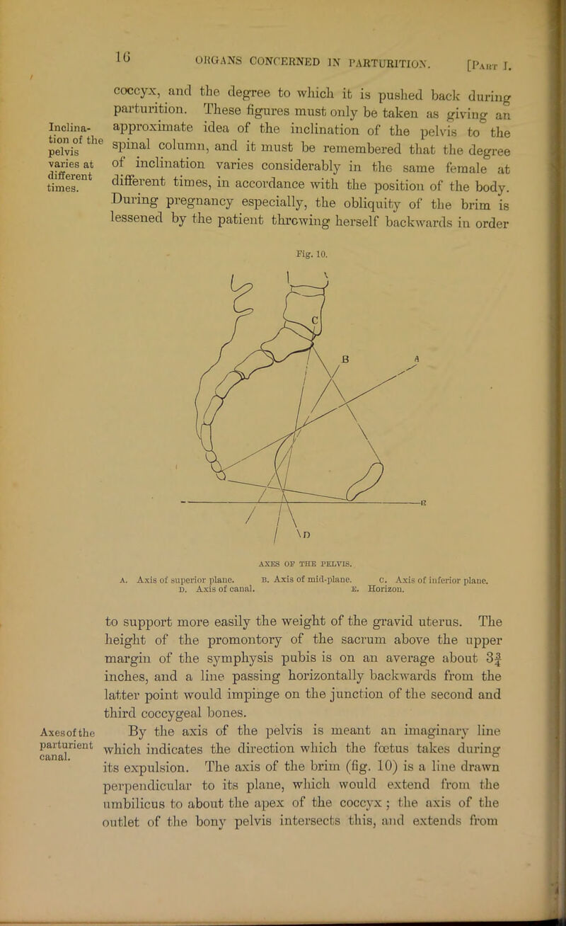 coccyx, and the degree to wliich it is pushed back during parturition. These figures must only be taken as giving an Inclina- approximate idea of the inclination of the pelvis to the pelvis^ spinal column, and it must be remembered that the degree (iSiren^ inclination varies considerably in the same female at different times, in accordance with the position of the body. During pregnancy especially, the obliquity of the brim is lessened by the patient throwing herself backwards in order Fig. 10. AXES OF THE PELYIS. A. Axis of superior plane. b. Axis of mid-plane. c. Axis of inferior plane. D. Axis of canal. e. Horizon. to support more easily the weight of the gravid uterus. The height of the promontory of the sacrum above the upper margin of the symphysis pubis is on an average about inches, and a line passing horizontally backwards from the latter point would impinge on the junction of the second and third coccygeal bones. Axesofthe By the axis of the pelvis is meant an imaginary line parturient indicates the direction which the foetus takes durina: canal. . . . . . ® its expulsion. The axis of the brim (fig. 10) is a line drawn perpendicular to its plane, which would extend from the umbilicus to about the apex of the coccyx ; the axis of the outlet of the bony pelvis intersects this, and extends from