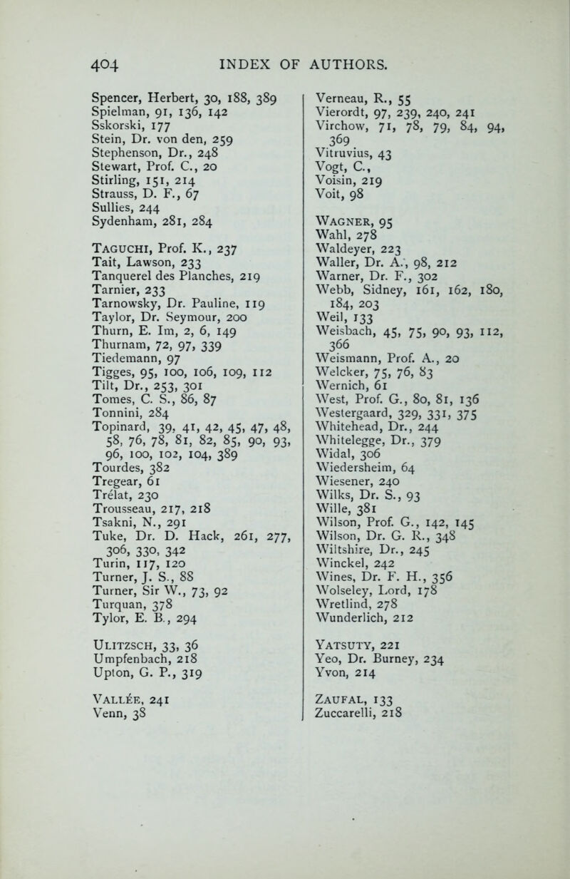 Spencer, Herbert, 30, 188, 389 Spielman, 91, 136, 142 Sskorski, 177 Stein, Dr. von den, 259 Stephenson, Dr., 248 Stewart, Prof. C., 20 Stirling, 151, 214 Strauss, D. F., 67 Sullies, 244 Sydenham, 281, 284 Taguchi, Prof. K., 237 Tait, Lawson, 233 Tanquerel des Planches, 219 Tarnier, 233 Tarnow’sky, Dr. Pauline, 119 Taylor, Dr. Seymour, 200 Thurn, E. Im, 2, 6, 149 Thurnam, 72, 97, 339 Tiedemann, 97 Tigges, 95, TOO, 106, 109, 112 Tilt, Dr., 253, 301 Tomes, C. S., 86, 87 Tonnini, 284 Topinard, 39, 41, 42, 45, 47, 48, 58, 76, 78, 81, 82, 85, 90, 93, 96, 100, 102, 104, 389 Tourdes, 382 Tregear, 61 Trelat, 230 Trousseau, 217, 218 Tsakni, N., 291 Tuke, Dr. D. Hack, 261, 277, 306, 330, 342 Turin, 117, 120 Turner, J. S., 88 Turner, Sir W., 73, 92 Turquan, 378 Tylor, E. B., 294 Ulitzsch, 33, 36 Umpfenbach, 218 Upton, G. P., 319 Vallee, 241 Venn, 38 Verneau, R., 55 Vierordt, 97, 239, 240, 24I Virchow, 71, 78, 79, 84, 94, 369 Vitruvius, 43 Vogt, C., Voisin, 219 Voit, 98 Wagner, 95 Wahl, 278 Waldeyer, 223 Waller, Dr. A.‘, 98, 212 Warner, Dr. F., 302 Webb, Sidney, 161, 162, 180, 184, 203 Weil, 133 Weisbach, 45, 75, 90, 93, 112, 366 Weismann, Prof. A., 20 Welcker, 75, 76, 83 Wernich, 61 West, Prof. G., 80, 81, 136 Westergaard, 329, 331, 375 Whitehead, Dr., 244 Whitelegge, Dr., 379 Widal, 306 Wiedersheim, 64 Wiesener, 240 Wilks, Dr. S., 93 Wille, 381 Wilson, Prof. G., 142, 145 Wilson, Dr. G. R., 348 Wiltshire, Dr., 245 Winckel, 242 Wines, Dr. F. H., 356 Wolseley, Lord, 178 Wretlind, 278 Wunderlich, 212 Yatsuty, 221 Yeo, Dr. Burney, 234 Yvon, 214 Zaufal, 133 Zuccarelli, 218