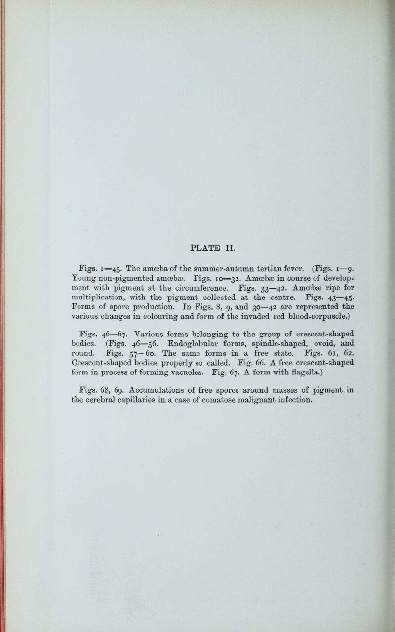 Figs, i—45. The amoeba of the summer-autumn tertian fever. (Figs. 1—9. Young non-pigmented amoebae. Figs. 10—32. Amoebae in course of develop- ment with pigment at the circumference. Figs. 33—42. Amoebae ripe for multiplication, with the pigment collected at the centre. Figs. 43—45. Forms of spore production. In Figs. 8, 9, and 30—42 are represented the various changes in colouring and form of the invaded red blood-corpuscle.) Figs. 46—67. Various forms belonging to the group of crescent-shaped bodies. (Figs. 46—56. Endoglobular forms, spindle-shaped, ovoid, and round. Figs. 57 — 60. The same forms in a free state. Figs. 61, 62. Crescent-shaped bodies properly so called. Fig. 66. A free crescent-shaped form in process of forming vacuoles. Fig. 67. A form with flagella.) Figs. 68, 69. Accumulations of free spores around masses of pigment in the cerebral capillaries in a case of comatose malignant infection.
