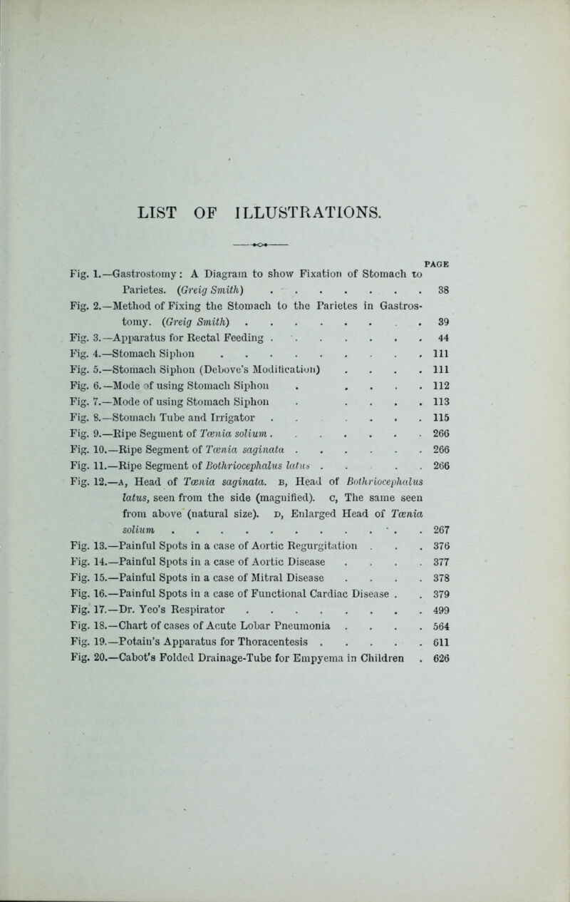 LIST OF ILLUSTRATIONS. PAGE Fig. 1.—Gastrostomy: A Diagram to show Fixation of Stomach to Parietes. (Gh'eig Smith) 38 Fig. 2.—Method of Fixing the Stomach to the Parietes in Gastros- tomy. (Greig Smith) 39 Fig. 3.—Apparatus for Rectal Feeding 44 Fig. 4.—Stomach Siphon Ill Fig. 5.—Stomach Siphon (Debove’s Modification) . . . .111 Fig. 6.—Mode of using Stomach Siphon . .... 112 Fig. 7.—Mode of using Stomach Siphon . .... 113 Fig. 8.—Stomach Tube and Irrigator . ... 115 Fig. 9.—Ripe Segment of Tamia solium 26G Fig. 10.—Ripe Segment of Taenia saginata 266 Fig. 11.—Ripe Segment of Bothriocephalus latus .... 266 Fig. 12.—a, Head of Taenia saginata. b, Head of Bothriocephalus latus, seen from the side (magnified), c, The same seen from above (natural size), d, Enlarged Head of Taenia solium • . . 267 Fig. 13.—Painful Spots in a case of Aortic Regurgitation . . 376 Fig. 14.—Painful Spots in a case of Aortic Disease .... 377 Fig. 15.—Painful Spots in a case of Mitral Disease .... 378 Fig. 16.—Painful Spots in a case of Functional Cardiac Disease . . 379 Fig. 17.—Dr. Yeo’s Respirator 499 Fig. 18.—Chart of cases of Acute Lobar Pneumonia .... 564 Fig. 19.—Potaiu’s Apparatus for Thoracentesis 611 Fig. 20.—Cabot’s Folded Drainage-Tube for Empyema in Children . 626