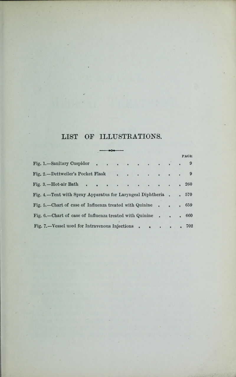 LIST OF ILLUSTRATIONS. PAGK Fig. 1.—Sanitary Cuspidor 9 Fig. 2.—Dettweiler’s Pocket Flask 9 Fig. 3.—Hot-air Bath 260 Fig. 4.—Tent with Spray Apparatus for Laryngeal Diphtheria . .570 Fig. 5.—Chart of case of Influenza treated with Quinine . . . 659 Fig. 6.—Chart of case of Influenza treated with Quinine . . . 660 Fig. 7.—Vessel used for Intravenous Injections 702