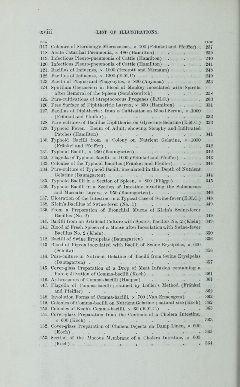 FIG. 117. Colonies of Sternberg’s Micrococcus, x 100 (Frankel and Pfeiffer) . 118. Acute Catarrhal Pneumonia, x 480 (Hamilton) 119. Infectious Pleuro-pneumonia of Cattle (Hamilton) 120. Infectious Pleuro-pneumonia of Cattle (Hamilton) 121. Bacillus of Influenza, x 1000 (Itzerott and Niemann) 122. Bacillus of Influenza, x 1200 (E.M.C) . . . 123. Bacilli of Plague and Phagocytes, x 800 (Aoyama) . 124. Spirillum Obermeieri in Blood of Monkey inoculated with Spirilla after Removal of the Spleen (Soudakewitch) 125. Pure-cultivations of Streptococcus Pyogenes (E.M.C.) 126. Free Surface of Diphtheritic Larynx, x 350 (Hamilton) 127. Bacillus of Diphtheria ; from a Cultivation on Blood Serum, x 1000 (Frankel and Pfeiffer) ....... 128. Pure-cultures of Bacillus Diphtherise on Glycerine-Gelatine (E.M.C.) 129. Typhoid Fever. Ileum of Adult, showing. Sloughy and Infiltrated Patches (Hamilton) ....... 130. Typhoid Bacilli from a Colony on Nutrient Gelatine, x 1000 (Frankel and Pfeiffer) . . . . . . . 131. Typhoid Bacilli, x 950 (Baumgarten) . 132. Flagella of Typhoid Bacilli, x 1000 (Frankel and Pfeiffer) . 133. Colonies of the Typhoid Bacillus (Frankel and Pfeiffer) 134. Pure-culture of Typhoid Bacilli inoculated in the Depth of Nutrient Gelatine (Baumgarten) ....... 135. Typhoid Bacilli in a Section of Spleen, x 800 (Fliigge) 136. Typhoid Bacilli in a Section of Intestine invading the Submucous and Muscular Layers, x 950 (Baumgarten) . 137. Ulceration of the Intestine in a Typical Case of Swine-fever (E.M.C.) 138. Klein’s .Bacillus of Swine-fever (No. 1) . 139. From a Preparation of Bronchial Mucus of Klein’s Swine-fever Bacillus (No. 2) ....... 140. Bacilli from an Artificial Culture with Spores, Bacillus No. 2 (Klein) 141. Blood of Fresh Spleen of a Mouse after Inoculation with Swine-fever Bacillus No. 2 (Klein)....... 142. Bacilli of Swine Erysipelas (Baumgarten) .... 143. Blood of Pigeon inoculated with Bacilli of Swine Erysipelas, x 600 (Schiitz) . . . . - 144. Pure-culture in Nutrient Gelatine of Bacilli from Swine Erysipelas (Baumgarten) . .... 145. Cover-glass Preparation of a Drop of Meat Infusion containing a Pure-cultivation of Comma-bacilli (Koch) .... 146. Arthrospores of Comma-bacilli (Hueppe) .... 147. Flagella of Comma-bacilli ; stained by Lbffier's Method (Frankel and Pfeiffer) . ... . 148. Involution Forms of Comma-bacilli, x 700 (Van Ermengem) 149. Colonies of Comma-bacilli on Nutrient Gelatine ; natural size (Koch) 150. Colonies of Koch’s Comma-bacilli, x 60 (E.M.C.) 151. Cover-glass Preparation from the Contents of a Cholera Intestine, x 600 (Koch) . ... 152. Cover-glass Preparation of Cholera Dejecta on Damp Linen, x 600 (Koch) ... . . . 153. Section of the Mucous Membrane of a Cholera Intestine, x 600 (Koch) . PAGE 237 239 210 241 248 249 253 258 263 331 332 333 341 342 342 343 344 344 345 346 348 349 349 349 350 356 356 357 361 361 362 362 362 363 363 363 364