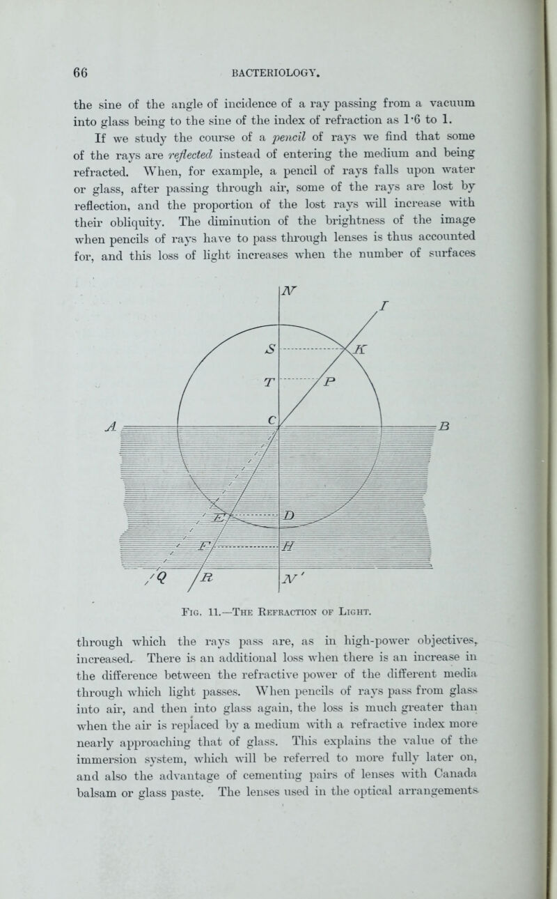 the sine of the angle of incidence of a ray passing from a vacuum into glass being to the sine of the index of refraction as 1*6 to 1. If we study the course of a pencil of rays we find that some of the rays are reflected instead of entering the medium and being refracted. When, for example, a pencil of rays falls upon water or glass, after passing through air, some of the rays are lost by reflection, and the proportion of the lost rays will increase with their obliquity. The diminution of the brightness of the image when pencils of rays have to pass through lenses is thus accounted for, and this loss of light increases when the number of surfaces through which the rays pass are, as in high-power objectives^ increased^ There is an additional loss when there is an increase in the difference between the refractive power of the different media through which light passes. When pencils of rays pass from glass into am, and then into glass again, the loss is much greater than when the air is replaced by a medium with a refractive index more nearly approaching that of glass. This explains the value of the immersion system, which will be referred to more fully later on, and also the advantage of cementing pairs of lenses with Canada balsam or glass paste. The lenses used in the optical arrangements