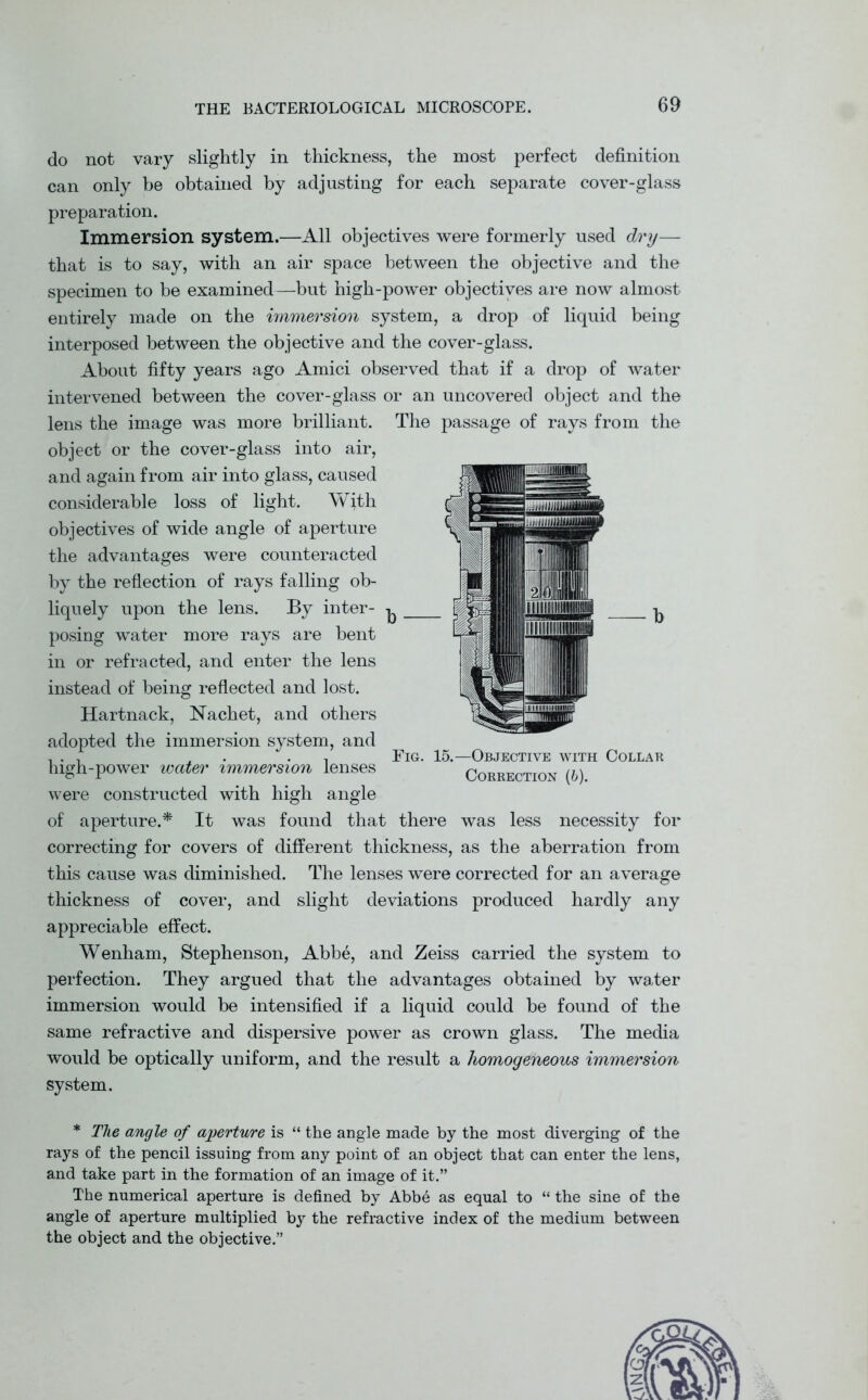 do not vary slightly in thickness, the most perfect definition can only he obtained by adjusting for each separate cover-glass preparation. Immersion system.—All objectives were formerly used dry— that is to say, with an air space between the objective and the specimen to be examined—but high-power objectives are now almost entirely made on the immersion system, a drop of liquid being interposed between the objective and the cover-glass. About fifty years ago Amici observed that if a drop of water intervened between the cover-glass or an uncovered object and the lens the image was more brilliant. The passage of rays from the object or the cover-glass into air, and again from air into glass, caused considerable loss of light. With objectives of wide angle of aperture the advantages were counteracted by the reflection of rays falling ob- liquely upon the lens. By inter- ^ posing water more rays are bent in or refracted, and enter the lens instead of being reflected and lost. Hartnack, Nachet, and others adopted the immersion system, and ... , . . Fig. 15.—Objective with Collar high-power water immersion lenses Correction (6). were constructed with high angle of aperture.* It was found that there was less necessity for correcting for covers of different thickness, as the aberration from this cause was diminished. The lenses were corrected for an average thickness of cover, and slight deviations produced hardly any appreciable effect. Wenham, Stephenson, Abbe, and Zeiss carried the system to perfection. They argued that the advantages obtained by water immersion would be intensified if a liquid could be found of the same refractive and dispersive power as crown glass. The media would be optically uniform, and the result a homogeneous immersion system. * The angle of aperture is “ the angle made by the most diverging of the rays of the pencil issuing from any point of an object that can enter the lens, and take part in the formation of an image of it.” The numerical aperture is defined by Abbe as equal to “ the sine of the angle of aperture multiplied by the refractive index of the medium between the object and the objective.”