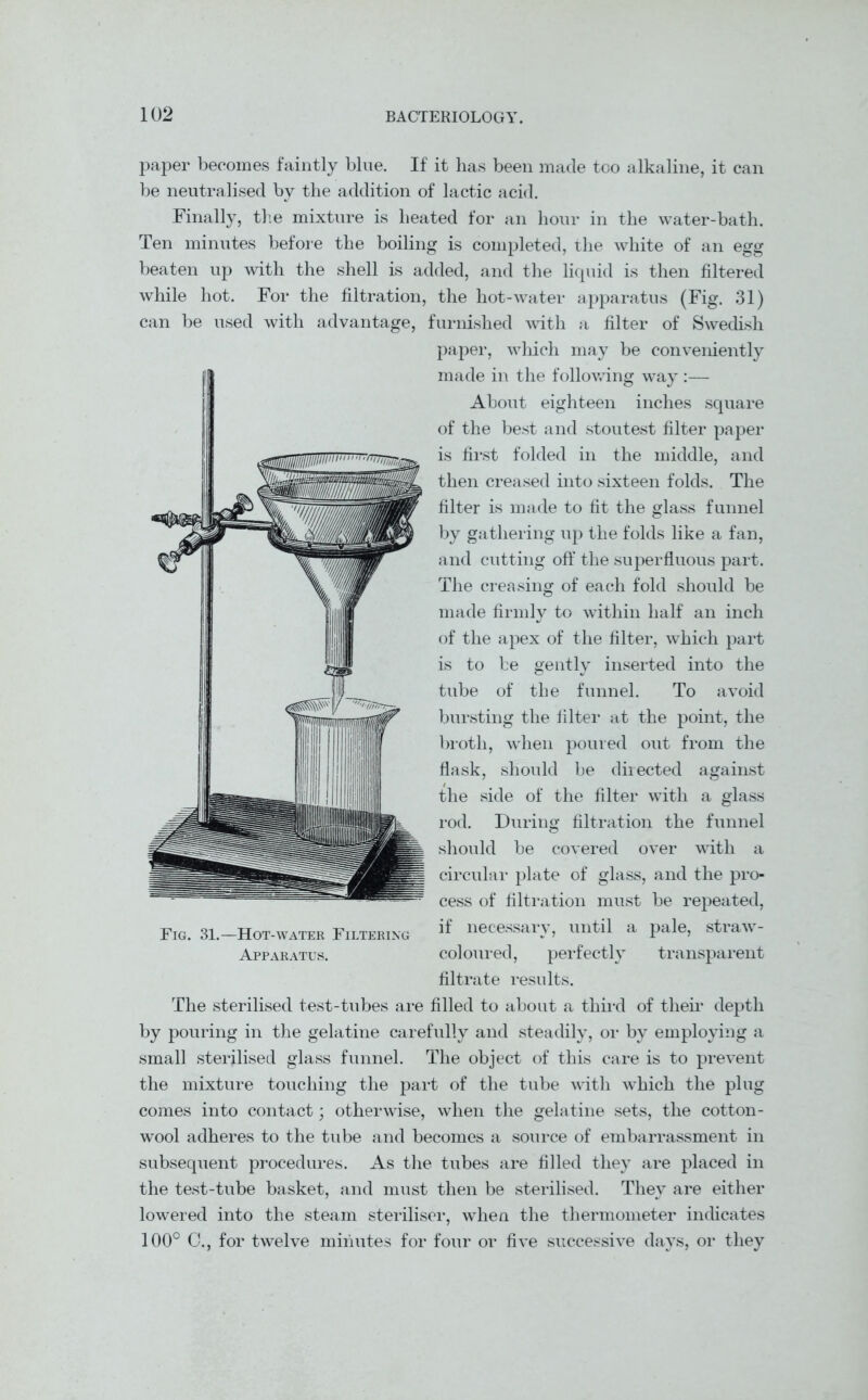 paper becomes faintly blue. If it has been made too alkaline, it can be neutralised by the addition of lactic acid. Finally, the mixture is heated for an hour in the water-bath. Ten minutes before the boiling is completed, the white of an egg beaten up with the shell is added, and the liquid is then filtered while hot. For the filtration, the hot-water apparatus (Fig. 31) can be used with advantage, furnished with a filter of Swedish paper, which may be conveniently made in the following way :— About eighteen inches square of the best and stoutest filter paper is first folded in the middle, and then creased into sixteen folds. The filter is made to fit the glass funnel by gathering up the folds like a fan, and cutting off the superfluous part. The creasing of each fold should be made firmly to within half an inch of the apex of the filter, which part is to be gently inserted into the tube of the funnel. To avoid bursting the filter at the point, the broth, when poured out from the flask, should be directed against the side of the filter with a glass rod. During filtration the funnel should be covered over with a circular plate of glass, and the pro- cess of filtration must be repeated, Fig. 31.—Hot-watek Filtering if necessary, until a pale, straw- Apparatus. coloured, perfectly transparent filtrate results. The sterilised test-tubes are filled to about a third of their depth by pouring in the gelatine carefully and steadily, or by employing a small sterilised glass funnel. The object of this care is to prevent the mixture touching the part of the tube with which the plug comes into contact; otherwise, when the gelatine sets, the cotton- wool adheres to the tube and becomes a source of embarrassment in subsequent procedures. As the tubes are filled they are placed in the test-tube basket, and must then be sterilised. They are either lowered into the steam steriliser, when the thermometer indicates 100° C., for twelve minutes for four or five successive days, or they