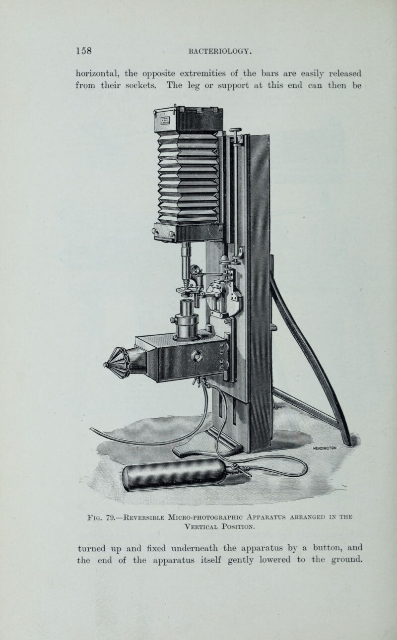 horizontal, the opposite extremities of the bars are easily released from their sockets. The leg or support at this end can then be Fig. 79.—Reversible Micro-photographic Apparatus arranged in the Vertical Position. turned up and fixed underneath the apparatus by a button, and the end of the apparatus itself gently lowered to the ground.