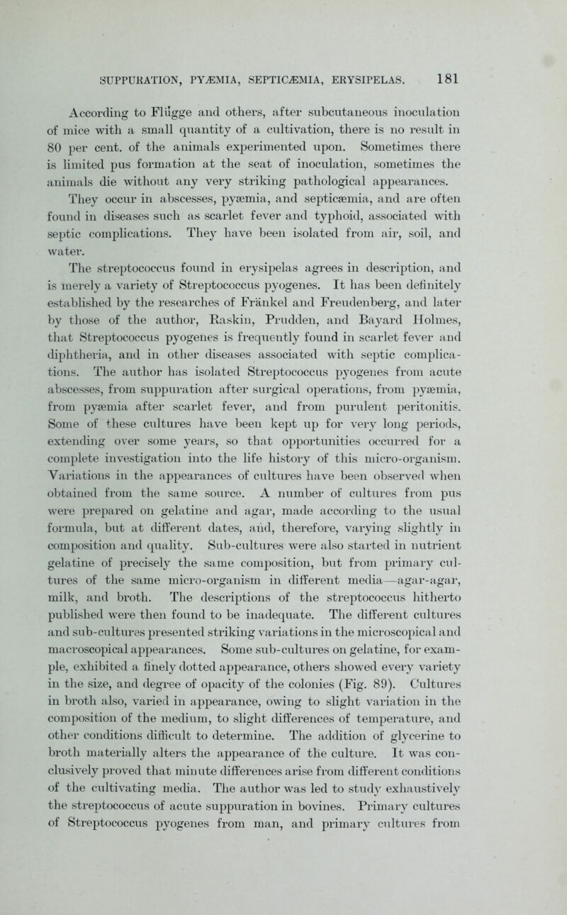 According to Fliigge and others, after subcutaneous inoculation of mice with a small quantity of a cultivation, there is no result in 80 per cent, of the animals experimented upon. Sometimes there is limited pus formation at the seat of inoculation, sometimes the animals die without any very striking pathological appearances. They occur in abscesses, pyaemia, and septicaemia, and are often found in diseases such as scarlet fever and typhoid, associated with septic complications. They have been isolated from air, soil, and water. The streptococcus found in erysipelas agrees in description, and is merely a variety of Streptococcus pyogenes. It has been definitely established by the researches of Frankel and Freudenberg, and later by those of the author, Raskin, Prudden, and Bayard Holmes, that Streptococcus pyogenes is frequently found in scarlet fever and diphtheria, and in other diseases associated with septic complica- tions. The author has isolated Streptococcus pyogenes from acute abscesses, from suppuration after surgical operations, from pyaemia, from pyaemia after scarlet fever, and from purulent peritonitis. Some of these cultures have been kept up for very long periods, extending over some years, so that opportunities occurred for a complete investigation into the life history of this micro-organism. Variations in the appearances of cultures have been observed when obtained from the same source. A number of cultures from pus were prepared on gelatine and agar, made according to the usual formula, but at different dates, and, therefore, varying slightly in composition and quality. Sub-cultures were also started in nutrient gelatine of precisely the same composition, but from primary cul- tures of the same micro-organism in different media—agar-agar, milk, and broth. The descriptions of the streptococcus hitherto published were then found to be inadequate. The different cultures and sub-cultures presented striking variations in the microscopical and macroscopical appearances. Some sub-cultures on gelatine, for exam- ple, exhibited a finely dotted appearance, others showed every variety in the size, and degree of opacity of the colonies (Fig. 89). Cultures in broth also, varied in appearance, owing to slight variation in the composition of the medium, to slight differences of temperature, and other conditions difficult to determine. The addition of glycerine to broth materially alters the appearance of the culture. It was con- clusively proved that minute differences arise from different conditions of the cultivating media. The author was led to study exhaustively the streptococcus of acute suppuration in bovines. Primary cultures of Streptococcus pyogenes from man, and primary cultures from