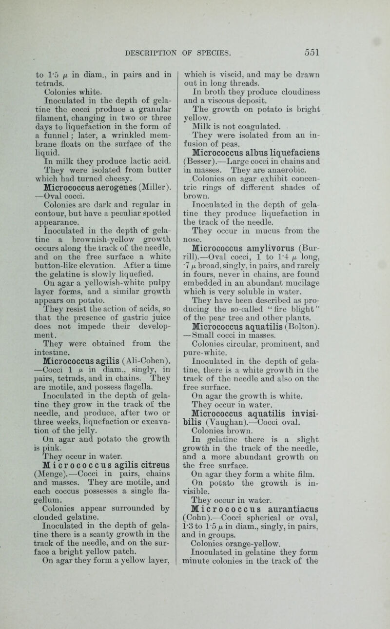 to 1*5 ijl in diam., in pairs and in tetrads. Colonies white. Inoculated in the depth of gela- tine the cocci produce a granular filament, changing in two or three days to liquefaction in the form of a funnel; later, a wrinkled mem- brane floats on the surface of the liquid. In milk they produce lactic acid. They were isolated from butter which had turned cheesy. Micrococcus aerogenes (Miller). —Oval cocci. Colonies are dark and regular in contour, but have a peculiar spotted appearance. Inoculated in the depth of gela- tine a brownish-yellow growth occurs along the track of the needle, and on the free surface a white button-like elevation. After a time the gelatine is slowly liquefied. On agar a yellowish-white pulpy layer forms, and a similar growth appears on potato. They resist the action of acids, so that the presence of gastric juice does not impede their develop- ment. They were obtained from the intestine. Micrococcus agilis (Ali-Cohen). —Cocci 1 m in diam., singly, in pairs, tetrads, and in chains. They are motile, and possess flagella. Inoculated in the depth of gela- tine they grow in the track of the needle, and produce, after two or three weeks, liquefaction or excava- tion of the jelly. On agar and potato the growth is pink. They occur in water. Micrococcus agilis citreus (Menge).—Cocci in pairs, chains and masses. They are motile, and each coccus possesses a single fla- gellum. Colonies appear surrounded by clouded gelatine. Inoculated in the depth of gela- tine there is a scanty growth in the track of the needle, and on the sur- face a bright yellow patch. On agar they form a yellow layer, which is viscid, and may be drawn out in long threads. In broth they produce cloudiness and a viscous deposit. The growth on potato is bright yellow. Milk is not coagulated. They were isolated from an in- fusion of peas. Micrococcus albus liquefaciens (Besser).—Large cocci in chains and in masses. They are anaerobic. Colonies on agar exhibit concen- tric rings of different shades of brown. Inoculated in the depth of gela- tine they produce liquefaction in the track of the needle. They occur in mucus from the nose. Micrococcus amylivorus (Bur- rill).—Oval cocci, 1 to 1*4 /u. long, •7 ^ broad, singly, in pairs, and rarely in fours, never in chains, are found embedded in an abundant mucilage which is very soluble in water. They have been described as pro- ducing the so-called “ fire blight ” of the pear tree and other plants. Micrococcus aquatilis ( Bolton). — Small cocci in masses. Colonies circular, prominent, and pure-white. Inoculated in the depth of gela- tine, there is a white growth in the track of the needle and also on the free surface. On agar the growth is white. They occur in water. Micrococcus aquatilis invisi- bilis (Vaughan).—Cocci oval. Colonies brown. In gelatine there is a slight growth in the track of the needle, and a more abundant growth on the free surface. On agar they form a white film. On potato the growth is in- visible. They occur in water. Micrococcus aurantiacus (Cohn).—Cocci spherical or oval, 1'3 to 1*5 /z in diam., singly, in pairs, and in groups. Colonies orange-yellow. Inoculated in gelatine they form minute colonies in the track of the