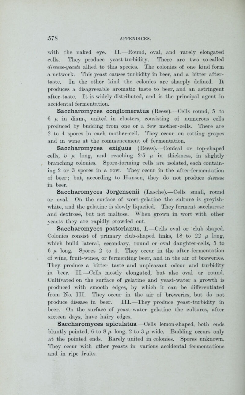 with the naked eye. II.—Round, oval, and rarely elongated cells. They produce yeast-turbidity. There are two so-called disease-yeasts allied to this species. The colonies of one kind form a network. This yeast causes turbidity in beer, and a bitter after- taste. In the other kind the colonies are sharply defined. It produces a disagreeable aromatic taste to beer, and an astringent after-taste. It is widely distributed, and is the principal agent in accidental fermentation. Saccharomyces conglomeratus (Reess).—Cells round, 5 to 6 fi in diam., united in clusters, consisting of numerous cells produced by budding from one or a few mother-cells. There are 2 to 4 spores in each mother-cell. They occur on rotting grapes and in wine at the commencement of fermentation. Saccharomyces exiguus (Reess).—Conical or top-shaped cells, 5 p, long, and reaching 2*5 fx in thickness, in slightly branching colonies. Spore-forming cells are isolated, each contain- ing 2 or 3 spores in a row. They occur in the after-fermentation of beer; but, according to Hansen, they do not produce disease in beer. Saccharomyces Jorgensenii (Lasche).—Cells small, round or oval. On the surface of wort-gelatine the culture is greyish- white, and the gelatine is slowly liquefied. They ferment saccharose and dextrose, but not maltose. When grown in wort with other yeasts they are rapidly crowded out. Saccharomyces pastorianus, I.—Cells oval or club-shaped. Colonies consist of primary club-shaped links, 18 to 22 /x long, which build lateral, secondary, round or oval daughter-cells, 5 to 6 /x long. Spores 2 to 4. They occur in the after-fermentation of wine, fruit-wines, or fermenting beer, and in the air of breweries. They produce a bitter taste and unpleasant odour and turbidity in beer. II.—Cells mostly elongated, but also oval or round. Cultivated on the surface of gelatine and yeast-water a growth is produced with smooth edges, by which it can be differentiated from No. III. They occur in the ah of breweries, but do not produce disease in beer. III.—They produce yeast-turbiditv in beer. On the surface of yeast-water gelatine the cultures, after sixteen days, have hairy edges. Saccharomyces apiculatus.—Cells lemon-shaped, both ends bluntly pointed, 6 to 8 /x long, 2 to 3 fx wide. Budding occurs only at the pointed ends. Rarely united in colonies. Spores unknown. They occur with other yeasts in various accidental fermentations and in ripe fruits.
