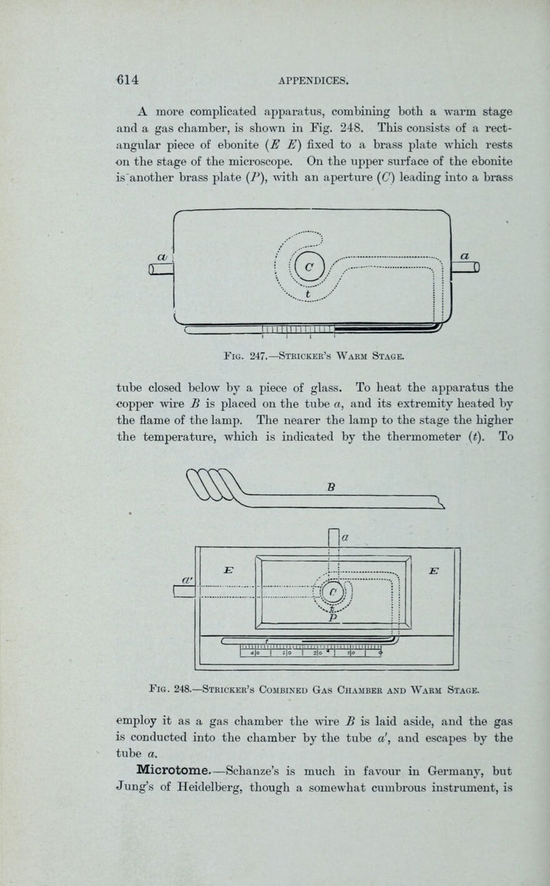 A more complicated apparatus, combining both a warm stage and a gas chamber, is shown in Fig. 248. This consists of a rect- angular piece of ebonite (E E) fixed to a brass plate which rests on the stage of the microscope. On the upper surface of the ebonite is'another brass plate (P), with an aperture (C) leading into a brass tube closed below by a piece of glass. To heat the apparatus the copper wire B is placed on the tube a, and its extremity heated by the flame of the lamp. The nearer the lamp to the stage the higher the temperature, which is indicated by the thermometer (t). To Fig. 248.—Stricker’s Combined Gas Chamber and Warm Stage. employ it as a gas chamber the wire B is laid aside, and the gas is conducted into the chamber by the tube a', and escapes by the tube a. Microtome.—Schanze’s is much in favour in Germany, but Jung’s of Heidelberg, though a somewhat cumbrous instrument, is