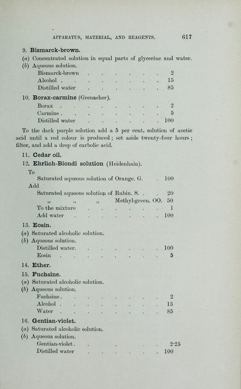 9. Bismarck-brown. (a) Concentrated solution in equal parts of glycerine and water. (b) Aqueous solution. Bismarck-brown ...... 2 Alcohol ........ 15 Distilled water . . . . . .85 10. Borax-carmine (Grenadier). Borax ........ 2 Carmine ........ 5 Distilled water . . . . . .100 To the dark purple solution add a 5 per cent, solution of acetic acid until a red colour is produced ; set aside twenty-four hours ; filter, and add a drop of carbolic acid. 11. Cedar oil. 12. Ehrlich-Biondi solution (Heidenhain). To Saturated aqueous solution of Orange. G. .100 Add Saturated aqueous solution of Bubin. S. . . 20 „ „ ,, Methyl-green. OO. 50 To the mixture ...... 1 Add water ....... 100 13. Eosin. (a) Saturated alcoholic solution. (b) Aqueous solution. Distilled water. . . . . .100 Eosin ........ 5 14. Ether. 15. Fuchsine. (a) Saturated alcoholic solution. (b) Aqueous solution. Fuchsine........ 2 Alcohol . . . . . . . .15 Water ........ 85 16. Gentian-violet. (a) Saturated alcoholic solution. (b) Aqueous solution. Gentian-violet. . . . 2*25 Distilled water . . . . . .100