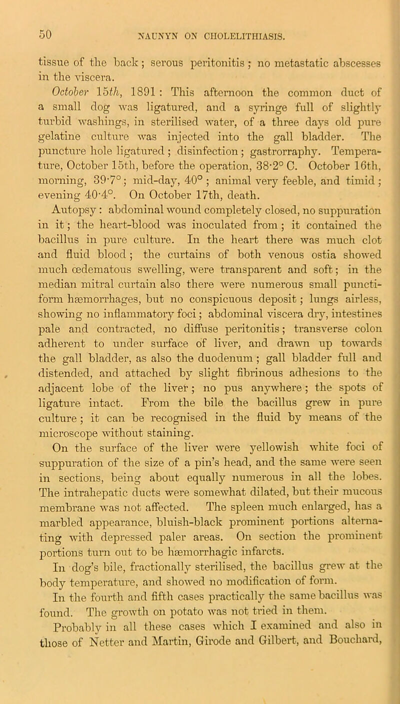 tissue of the back; serous peritonitis ; no metastatic abscesses in the viscera. October 15th, 1891 : This afternoon the common duct of a small dog was ligatured, and a syringe full of slightly turbid washings, in sterilised water, of a three days old pure gelatine culture was injected into the gall bladder. The puncture hole ligatured ; disinfection ; gastrorraphy. Tempera- ture, October 15th, before the operation, SS^0 C. October 16th, morning, 39v°; mid-day, 40° ; animal very feeble, and timid ; evening 40-4°. On October 17th, death. Autopsy : abdominal wound completely closed, no suppuration in it; the heart-blood was inoculated from ; it contained the bacillus in pure culture. In the heart there was much clot and fluid blood; the curtains of both venous ostia showed much oedematous swelling, were transparent and soft; in the median mitral curtain also there were numerous small puncti- form hemorrhages, but no conspicuous deposit; lungs airless, showing no inflammatory foci; abdominal viscera dry, intestines pale and contracted, no diffuse peritonitis; transverse colon adherent to under surface of liver, and drawn up towards the gall bladder, as also the duodenum ; gall bladder full and distended, and attached by slight fibrinous adhesions to the adjacent lobe of the liver; no pus anywhere; the spots of ligature intact. From the bile the bacillus grew in pure culture; it can be recognised in the fluid by means of the microscope without staining. On the surface of the liver were yellowish white foci of suppuration of the size of a pin’s head, and the same were seen in sections, being about equally numerous in all the lobes. The intrahepatic ducts were somewhat dilated, but their mucous membrane was not affected. The spleen much enlarged, has a marbled appearance, bluish-black prominent portions alterna- ting with depressed paler areas. On section the prominent portions turn out to be haemorrhagic infarcts. In dog’s bile, fractionally sterilised, the bacillus grew at the body temperature, and showed no modification of form. In the fourth and fifth cases practically the same bacillus was found. The growth on potato was not tried in them. Probably in all these cases which I examined and also in those of Netter and Martin, Girode and Gilbert, and Bouchard,