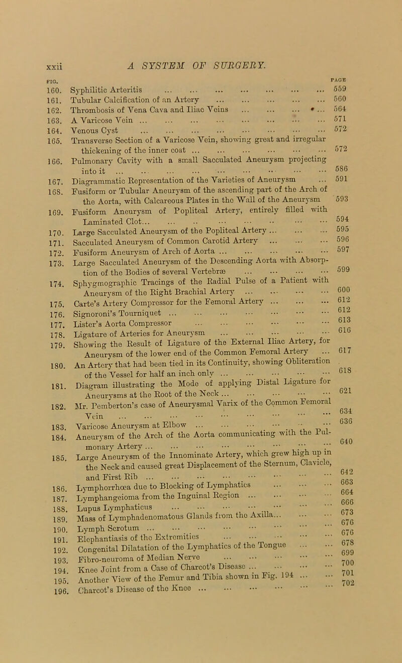 FIG. 160. 161. 162. 163. 164. 165. 166. 167. 168. 169. 170. 171. 172. 173. 174. 176. 176. 177. 178. 179. 180. 181. 182. 183. 184. 185. 186. 187. 188. 189. 190. 191. 192. 193. 194. 195. 196. a Patient with. Syphilitic Arteritis ... Tubular Calcification of an Artery ... Thrombosis of Vena Cava and Iliac Veins ... «... A Varicose Vein Venous Cyst ... ... ... ... ... •.■ Transverse Section of a Varicose Vein, showing great and irregular thickening of the inner coat Pulmonary Cavity with a small Sacculated Aneurysm projecting into it ... Diagrammatic Representation of the Varieties of Aneurysm Fusiform or Tubular Aneurysm of the ascending part of the Arch of the Aorta, with Calcareous Plates in the Wall of the Aneurysm Fusiform Aneurysm of Popliteal Artery, entirely flUed with Laminated Clot... Large Sacculated Aneurysm of the Popliteal Artery Sacculated Aneurysm of Common Carotid Artery Fusiform Aneurysm of Arch of Aorta ... Large Sacculated Aneurysm of the Descending Aorta with Absorp- tion of the Bodies of several Vertebrae Sphygmographic Tracings of the Radial Pulse of Aneurysm of the Right Brachial Artery Carte’s Ai-tery Compressor for the Femoral Artery Signoroni’s Tourniquet Lister’s Aorta Compres-sor Ligature of Arteries for Aneurysm Showing the Result of Ligature of the External Iliac Artery, for Aneurysm of the lower end of the Common Femoral Artery An Artery that had been tied in its Continuity, showing Obliteration of the Vessel for half an inch only _ Diagram iUustrating the Mode of applying Distal Ligature for Aneurysms at tlie lioot of the Nock ... Jlr. Pemberton’s case of Aneurysmal Varix of the Common Femoral Vein Varicose Aneurysm at Elbow _ ••• Aneurysm of the Arch of the Aorta communicating with the Pul- monary Artery ■■■ Large Aneurysm of the Innominate Artery, which grew high up in the Neck and caused great Displacement of the Sternum, Clavicle, and First Rib LjunphoiThoea due to Blocking of Lymphatics Lymphangeioma from the Inguinal Region Lupus Lymphaticus Mass of Lymphadenomatous Glands from the Axilla... Lymph Scrotum Elephantiasis of tho Extremities Congenital Dilatation of tho Lymphatics of the Tongue Fibro-neuroma of Median Nerve Knee Joint from a Case of Charcot’s Disease ... Another View of the Femur and Tibia shown in Fig. 194 Charcot’s Disease of tho Knee PAGE 659 560 564 571 572 572 586 591 593 594 595 596 597 599 600 612 612 613 610 617 618 621 634 636 040 642 663 664 666 673 670 070 678 699 700 701 702