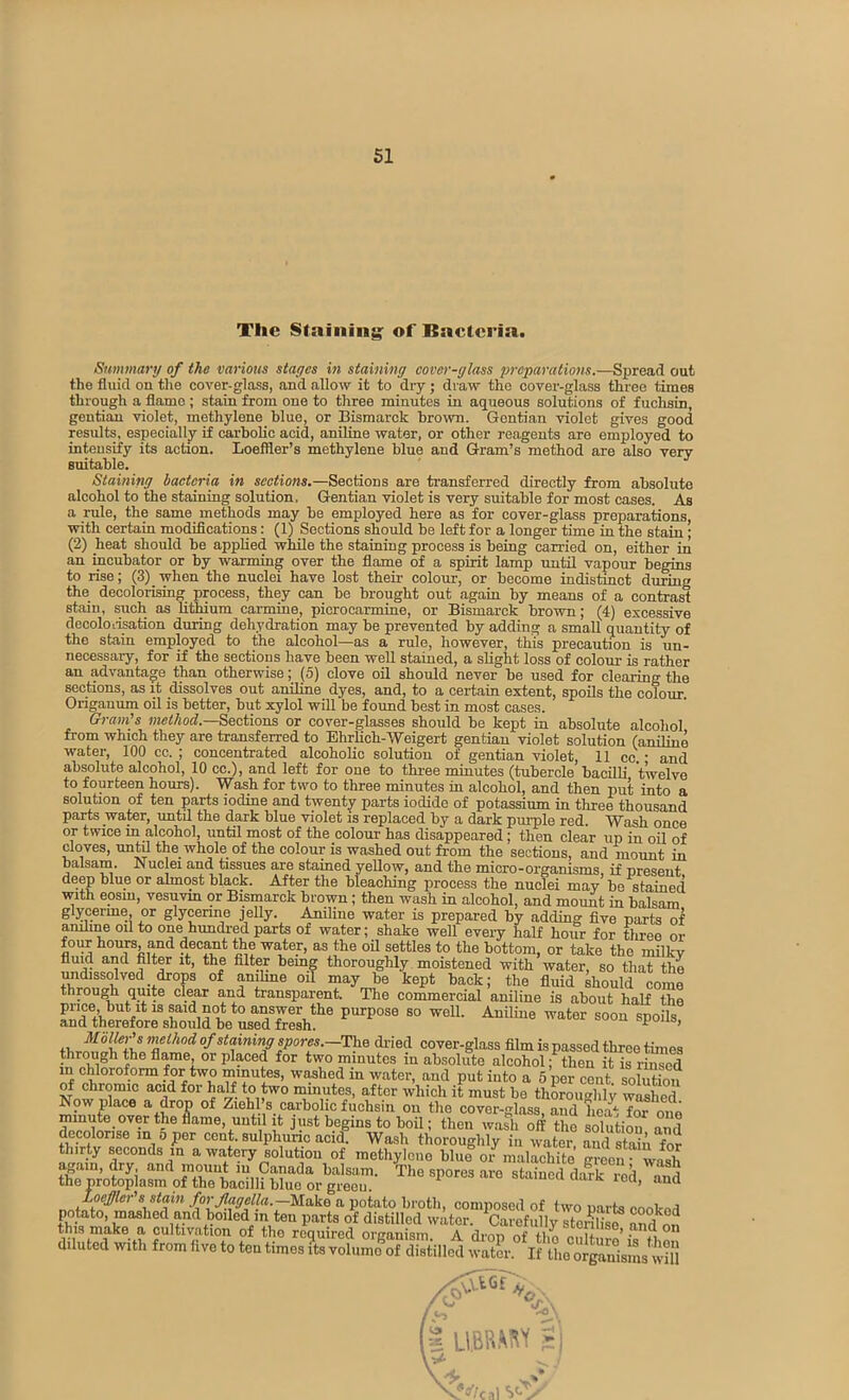 The Stainina: of Bacteria. Summary of the various stages in staining cover-glass preparations.—Spread out the fluid on the cover-glass, and allow it to di-y; draw the cover-glass three times through a flamo ; stain from one to three minutes in aqueous solutions of fuchsin, gentian violet, methylene blue, or Bismarck brown. Gentian violet gives good results, especially if carbolic acid, aniline water, or other reagents are employed to intensify its action. Loellier’s methylene blue and Gram’s method are also very suitable. Staining bacteria in sections.—Sections are transferred directly from absolute alcohol to the staining solution, Gentian violet is very suitable for most cases. As a rule, the same methods may be employed here as for cover-glass preparations with certain modifications: (1) Sections should be left for a longer time in the stain; (2) heat should be applied while the staining process is being carried on, either in an incubator or by warming over the flame of a spirit lamp until vapour begins to rise; (3) when the nuclei have lost their colour, or become indistinct during the decolorising process, they can be brought out again by means of a contrast stain, such as litluum carmine, picrooarmine, or Bismarck brown; (4) excessive decoloiisation during dehydration may be prevented by adding a small quantity of the stain employed to the alcohol—as a rule, however, this precaution is un- necessary, for if the sections have been well stained, a slight loss of colour is rather an advantage than otherwise; (5) clove oil should never be used for clearing the sections, as it dissolves out aniline dyes, and, to a certain extent, spoils the colour. Origanum oil is better, but xylol will be foimd best in most cases. Gram’s method.—Sections or cover-glasses should be kept in absolute alcohol from which they are transferred to Ehrlich-Weigert gentian violet solution (aniline water, 100 cc. ; concentrated alcoholic solution of gentian violet, 11 cc. ■ and absolute alcohol, 10 cc.), and left for one to thi'ee minutes (tubercle bacilli twelve to fourteen hours). Wash for two to three minutes in alcohol, and then put into a solution of ten parts iodine and twenty parts iodide of potassium in three thousand parts water, until the dark blue violet is replaced by a dark pm-ple red. Wash once or twice m alcohol, until most of the colour has disappeared; then clear up in oil of cloves, untd the whole of the colour is washed out from the sections, and mount in oalsam. Nuclei and tissues are stained yellow, and the micro-organisnis, if present deep blue or almost black. After the bleaching process the nuclei may be stained with eosm, vesuvm or Bismarck brown ; then wash in alcohol, and mount m balsam glycerme, or glycerine jelly. Amline water is prepared by adding five parts of aniline oil to one hundred parts of water; shake well eveiy half hour for tln*ee or foin hours, and decant the water, as the oil settles to the bottom, or take the milky fluid and filter it, the filter bemg thoroughly moistened with water, so that the imdissolved drops of antoe oil may be kept back; the fluid should come through quite clear and transparent. The commercial aniline is about half the ^nd'titoe^sCurbVX^^^ The diied cover-glass film is passed three times ia absolute alcohol ;^then it is rSed m chloroform for two minutes, washed in water, and put into a 5 per cent solution ^ chromic acid for half to two mmutes, after which it must be thoroughly washed Now place a drop of Ziehl s carbolic fuchsin on the cover-glass, and heat for one minute over the flame, until it just begins to boil; then wash off the solution and decolorise in 5 per cent, sulphuric acid. Wash thoroughly in water, and stain for a watery solution of methylene blue or malachite green- wash again, dry, and mount m Canada balsam. The spores are stained H.rrP , n;i j the protoplasm of the bacilli blue or green. ^ f /o)‘.;f«yef/rt.---Make a potato broth, composed of two parts cooked potato, mashed and boiled in ten parts of distilled water. Carefully stenhse and on this make a cultivation of the required orcanism A dron of tl,e diluted with from five to ten times ?ts volumo^of distilled watL-. If tL or^slL wiU