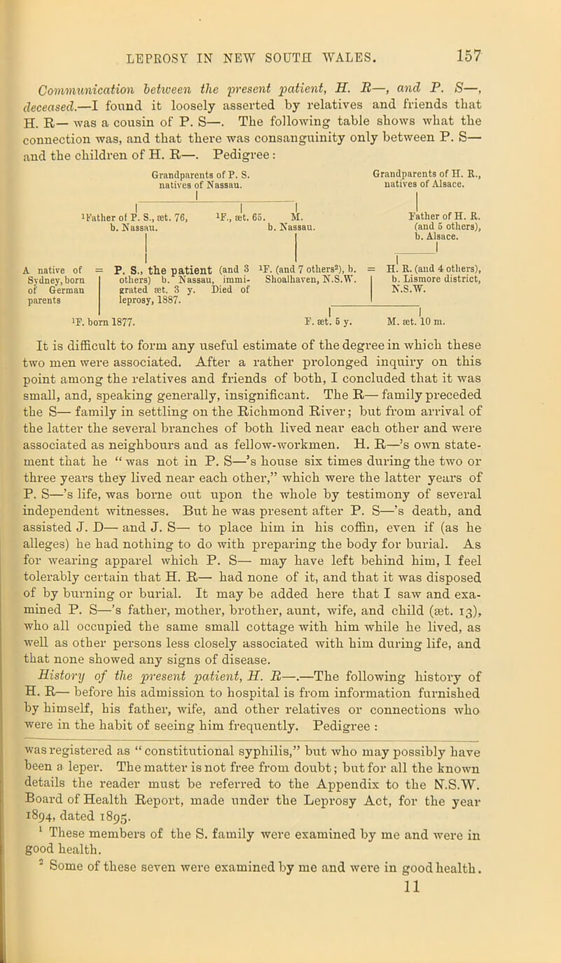 Communication betiveen the present patient, H. B—, and P. S—, deceased.—I found it loosely asserted by relatives and friends that H. R— was a cousin of P. S—. The following table shows what the connection was, and that there was consanguinity only between P. S— and the children of H. R—. Pedigree: Grandparents of P. S. natives of Nassau. Grandparents of H. R., natives of Alsace. 'Father of P. S., ret. 76, 'F., ret. 65. M. b. Nassau. b. Nassau. A native of Sydney, born of Germau parents P. S., the patient (and 3 'F. (and 7 others2), b. others) b. Nassau, immi- Shoalhaven, N.S.W. grated ret. 3 y. Died of leprosy, 1887. 'F. born 1877. F. ret. 5 y. Father of H. R. (and 5 others), b. Alsace. H. R. (and 4 others), b. Lismore district, N.S.W. M. ret. 10 m. It is difficult to form any useful estimate of the degree in which these two men were associated. After a rather prolonged inquiry on this point among the relatives and friends of both, I concluded that it was small, and, speaking generally, insignificant. The R— family preceded the S— family in settling on the Richmond River; but from arrival of the latter the several branches of both lived near each other and were associated as neighbours and as fellow-workmen. H. R—’s own state- ment that he “ was not in P. S—5s house six times during the two or three years they lived near each other,” which were the latter years of P. S—’s life, was borne out upon the whole by testimony of several independent witnesses. But he was present after P. S—’s death, and assisted J. D— and J. S— to place him in his coffin, even if (as he alleges) he had nothing to do with preparing the body for burial. As for wearing apparel which P. S— may have left behind him, I feel tolerably certain that H. R— had none of it, and that it was disposed of by burning or burial. It may be added here that I saw and exa- mined P. S—’s father, mother, brother, aunt, wife, and child (set. 13), who all occupied the same small cottage with him while he lived, as well as other persons less closely associated with him during life, and that none showed any signs of disease. History of the present patient, H. B—.—The following history of H. R— before his admission to hospital is from information furnished by himself, his father, wife, and other relatives or connections who were in the habit of seeing him frequently. Pedigree : was registered as “constitutional syphilis,” but who may possibly have been a leper. The matter is not free from doubt; but for all the known details the reader must be referred to the Appendix to the N.S.W. Board of Health Report, made under the Leprosy Act, for the year 1894, dated 1895. 1 These members of the S. family were examined by me and were in good health. * Some of these seven were examined by me and wer’e in good health. 11