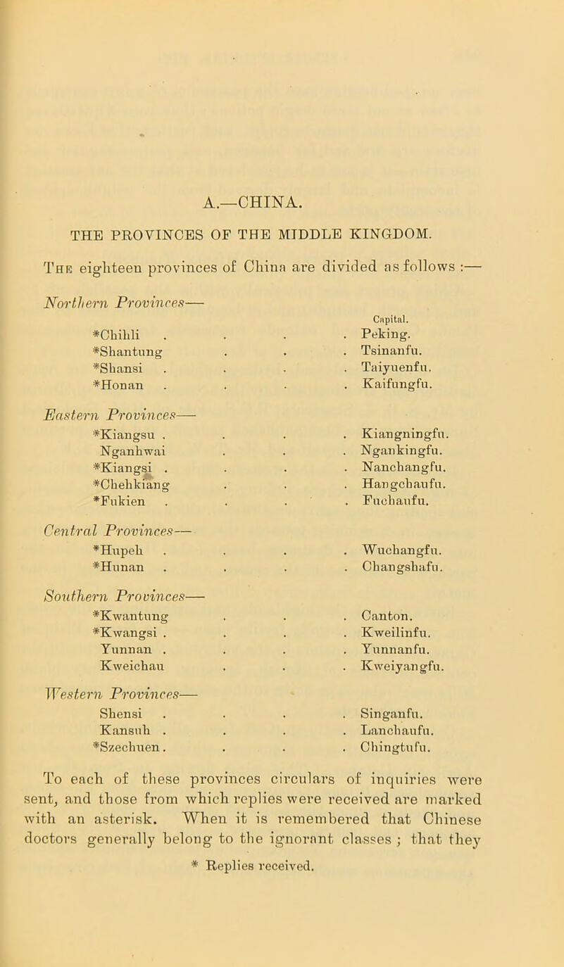 A.—CHINA. THE PROVINCES OF THE MIDDLE KINGDOM. The eighteen provinces of Chinn are divided as follows :— Northern Provinces— *Chihli ^Shantung ♦Shansi *Honan • Capital. . Peking. . Tsinanfu. . Taiyuenfu. . Kaifungfu. Eastern Provinces— *Kiangsu . Nganhwai *Kiangsi . *Chekkiang ♦Fulcien . Kiangningfu. . Ngankingfu. . Nanchangfu. Hangchaufu. . Fuchaufu. Central Provinces— ♦Hupeh *Hunan • . Wuchangfu. . Ghangshafn. Southern Provinces— *K\vantung *Kwangsi . Yunnan . Kweichau • . Canton. . Kweilinfu. . Yunnanfu. . Kweiyangfu. Western Provinces— Shensi Kansuli . ♦Szechuen. • . Singanfu. . Lanchaufu. . Chingtufu. To each of these provinces circulars of inquiries were sent, and those from which replies were received are marked with an asterisk. When it is remembered that Chinese doctors generally belong to the ignorant classes ; that they * Replies received.