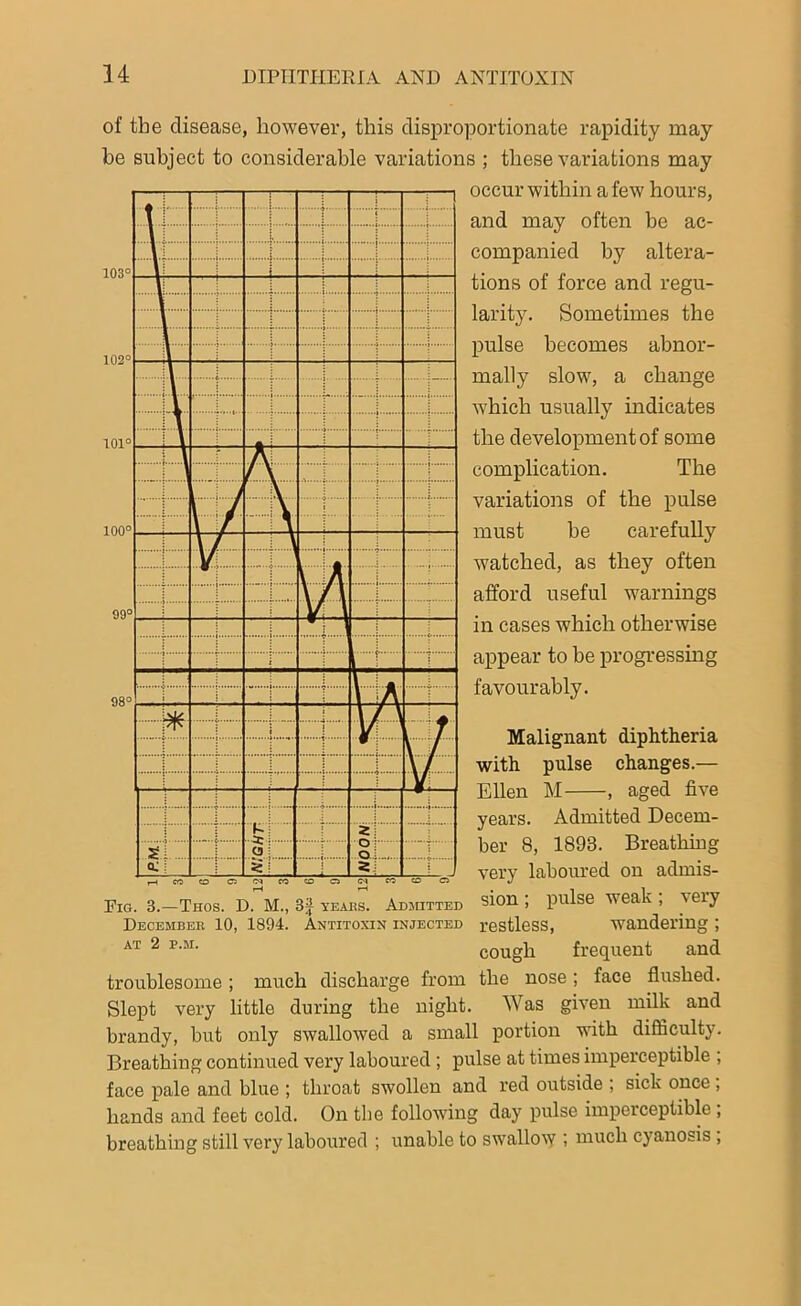 103° 102' 101° of the disease, however, this disproportionate rapidity may be subject to considerable variations ; these variations may occur within a few hours, and may often be ac- companied by altera- tions of force and regu- larity. Sometimes the pulse becomes abnor- mally slow, a change which usually indicates the development of some complication. The variations of the pulse must be carefully watched, as they often afford useful warnings in cases which otherwise appear to be progressing favourably. 100° 99° 98° —1 T : j f- \ i w i ] /l Lfc i pT ! i Z Si. O ' o: si 2 i C* CO CO Fig. 3.—Thos. D. M., 3£ years. Admitted December 10, 1894. Antitoxin injected AT 2 P.M. Malignant diphtheria with pulse changes.— Ellen M , aged five years. Admitted Decem- ber 8, 1893. Breathing very laboured on admis- sion ; pulse weak; very restless, wandering; cough frequent and troublesome ; much discharge from the nose; face flushed. Slept very little during the night. Was given milk and brandy, but only swallowed a small portion with difficulty. Breathing continued very laboured ; pulse at times imperceptible ; face pale and blue ; throat swollen and red outside ; sick once ; hands and feet cold. On the following day pulse imperceptible , breathing still very laboured ; unable to swallow ; much cyanosis ,