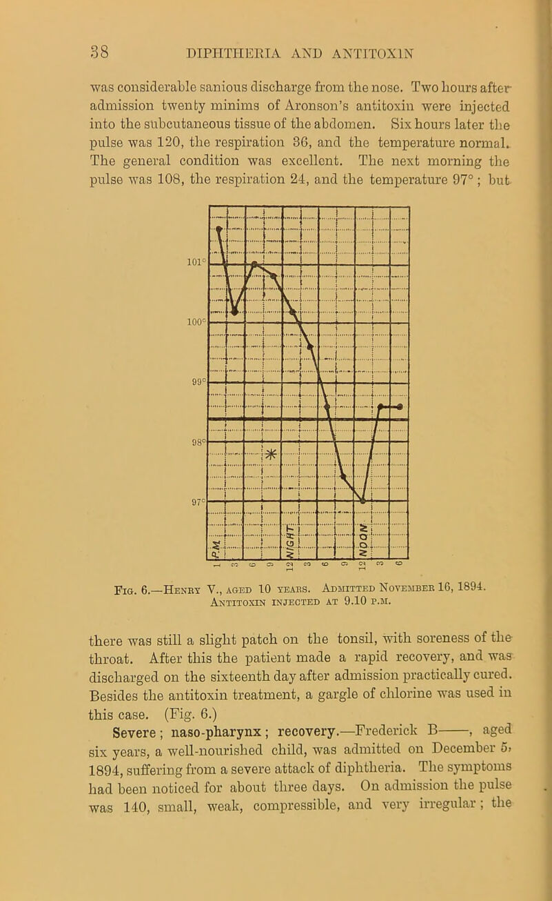 was considerable sanious discharge from the nose. Two hours after admission twenty minims of Aronson’s antitoxin were injected into the subcutaneous tissue of the abdomen. Six hours later the pulse was 120, the respiration 36, and the temperature normal. The general condition was excellent. The next morning the pulse was 108, the respiration 24, and the temperature 97° ; but Fig. 6.—Heney V., aged 10 yeabs. Admitted Noyembeb 16, 1894. Antitoxin injected at 9.10 p.h. there was still a slight patch on the tonsil, with soreness of the throat. After this the patient made a rapid recovery, and was discharged on the sixteenth day after admission practically cured. Besides the antitoxin treatment, a gargle of chlorine was used in this case. (Fig. 6.) Severe ; naso-pharynx ; recovery.—Frederick B , aged six years, a well-nourished child, was admitted on December 5> 1894, suffering from a severe attack of diphtheria. The symptoms had been noticed for about three days. On admission the pulse was 140, small, weak, compressible, and very irregular; the