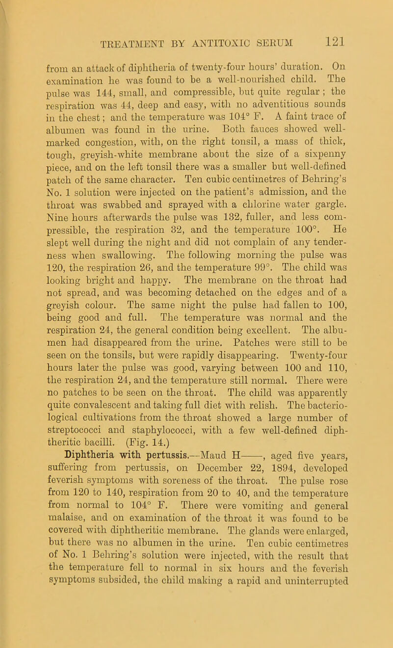 from an attack of diphtheria of twenty-four hours’ duration. On examination he was found to be a well-nourished child. The pulse was 144, small, and compressible, but quite regular ; the respiration was 44, deep and easy, with no adventitious sounds in the chest; and the temperature was 104° F. A faint trace of albumen was found in the urine. Both fauces showed well- marked congestion, with, on the right tonsil, a mass of thick, tough, greyish-white membrane about the size of a sixpenny piece, and on the left tonsil there was a smaller but well-defined patch of the same character. Ten cubic centimetres of Behring’s No. 1 solution were injected on the patient’s admission, and the throat was swabbed and sprayed with a chlorine water gargle. Nine hours afterwards the pulse was 132, fuller, and less com- pressible, the respiration 82, and the temperature 100°. He slept well during the night and did not complain of any tender- ness when swallowing. The following morning the pulse was 120, the respiration 26, and the temperature 99°. The child was looking bright and happy. The membrane on the throat had not spread, and was becoming detached on the edges and of a greyish colour. The same night the pulse had fallen to 100, being good and full. The temperature was normal and the respiration 24, the general condition being excellent. The albu- men had disappeared from the urine. Patches were still to be seen on the tonsils, but were rapidly disappearing. Twenty-four hours later the pulse was good, varying between 100 and 110, the respiration 24, and the temperature still normal. There were no patches to be seen on the throat. The child was apparently quite convalescent and taking full diet with relish. The bacterio- logical cultivations from the throat showed a large number of streptococci and staphylococci, with a few well-defined diph- theritic bacilli. (Fig. 14.) Diphtheria with pertussis.—Maud H , aged five years, suffering from pertussis, on December 22, 1894, developed feverish symptoms with soreness of the throat. The pulse rose from 120 to 140, respiration from 20 to 40, and the temperature from normal to 104° F. There were vomiting and general malaise, and on examination of the throat it was found to be covered with diphtheritic membrane. The glands were enlarged, but there was no albumen in the urine. Ten cubic centimetres of No. 1 Behring’s solution were injected, with the result that the temperature fell to normal in six hours and the feverish symptoms subsided, the child making a rapid and uninterrupted