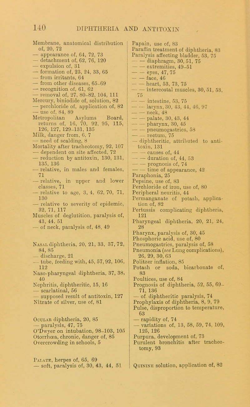 Membrane, anatomical distribution of, 20, 72 — appearance of, 04, 72, 73 — detachment of, 62, 76, 120 — expulsion of, 31 — formation of, 23, 24, 33, 65 — from irritants, 64 — from other diseases, 65-69 — recognition of, 61, 62 — removal of, 27, 80-82, 104, 111 Mercury, biniodide of, solution, 82 — perchloride of, application of, 82 — use of, 84, 89 Metropolitan Asylums Board, returns of, 16, 70, 92, 95, 115, 126, 127, 129-131, 135 Milk, danger from, 6, 7 — need of scalding, 8 Mortality after tracheotomy, 92, 107 — dependent on site affected, 72 — reduction by antitoxin, 130, 131, 135, 136 — relative, in males and females, 71 — relative, in upper and lower classes, 71 — relative to age, 3, 4, 62, 70, 71, 130 — relative to severity of epidemic, 32, 71, 117 Muscles of deglutition, paralysis of, 43, 44, 51 — of neck, paralysis of, 48, 49 Nasal diphtheria, 20, 21, 33, 37, 72, 84, 85 — discharge, 21 — tube, feeding with, 45, 57,92, 106, 112 Naso-pharyngeal diphtheria, 37, 38, 40 Nephritis, diphtheritic, 15, 16 — scarlatinal, 56 — supposed result of antitoxin, 127 Nitrate of silver, use of, 81 Oculak diphtheria, 20, 85 — paralysis, 47, 75 O’Dwyer on intubation, 98-103, 105 Otorrhcea, chronic, danger of, 85 Overcrowding in schools, 5 Papain, use of, 83 Paraffin treatment of diphtheria, 83 Paralysis affecting bladder, 53, 75 diaphragm, 30, 51, 75 extremities, 49-51 eyes, 47, 75 face, 46 heart, 53, 73, 75 intercostal muscles, 30, 51, 53, 75 intestine, 53, 75 larynx, 30, 43, 44, 46, 97 — — neck, 48 palate, 30, 43, 44 pharynx, 30, 45 pneumogastrics, 58 — — rectum, 75 — diphtheritic, attributed to anti- toxin, 131 causes of, 44 duration of, 44, 53 prognosis of, 74 time of appearance, 42 j Paraphonia, 25 j Pepsine, use of, 83 j Perchloride of iron, use of, 80 , Peripheral neuritis, 44 { Permanganate of potash, applica- tion of, 82 Pertussis complicating diphtheria, 121 Pharyngeal diphtheria, 20, 21, 24, 28 Pharynx, paralysis of, 30, 45 Phosphoric acid, use of, 80 Pneumogastrics, paralysis of, 58 Pneumonia (see Lung complications), 26, 29, 30, 63 Politzer inflation, 85 Potash or soda, bicarbonate of, 83 Poultices, use of, 84 Prognosis of diphtheria, 52, 55, 69- 71, 136 — of diphtheritic paralysis, 74 Prophylaxis of diphtheria, 8, 9, 79 Pulse, disproportion to temperature, 63 — rapidity of, 74 — variations of, 13, 58, 59, 74, 109, 126, 126 Purpura, development of, 73 Purulent bronchitis after tracheo- tomy, 93 Palate, herpes of, 65, 69 — soft, paralysis of, 30, 43, 44, 51 Quinine solution, application of, 82