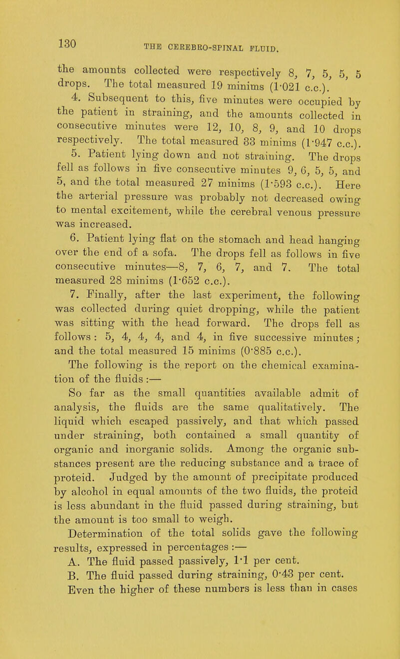 THE CEREBROSPINAL FLUID. the amounts collected were respectively 8, 7, 5 5 5 drops. The total measured 19 minims (1-021 c.c.). 4. Subsequent to this, five minutes were occupied by the patient in straining, and the amounts collected in consecutive minutes were 12, 10, 8, 9, and 10 drops respectively. The total measured 33 minims (1-947 c.c.). 5. Patient lying down and not straining. The drops fell as follows in five consecutive minutes 9, 6, 5, 5, and 5, and the total measured 27 minims (P593 c.c.). Here the arterial pressure was probably not decreased owing to mental excitement, while the cerebral venous pressure was increased. 6. Patient lying flat on the stomach and head hanging over the end of a sofa. The drops fell as follows in five consecutive minutes—8, 7, 6, 7, and 7. The total measured 28 minims (P652 c.c.). 7. Finally, after the last experiment, the following was collected during quiet dropping, while the patient was sitting with the head forward. The drops fell as follows : 5, 4, 4, 4, and 4, in five successive minutes ; and the total measured 15 minims (0'885 c.c.). The following is the report on the chemical examina- tion of the fluids :— So far as the small quantities available admit of analysis, the fluids are the same qualitatively. The liquid which escaped passively, and that which passed under straining, both contained a small quantity of organic and inorganic solids. Among the organic sub- stances present are the reducing substance and a trace of proteid. Judged by the amount of precipitate produced by alcohol in equal amounts of the two fluids, the proteid is less abundant in the fluid passed during straining, but the amount is too small to weigh. Determination of the total solids gave the following- results, expressed in percentages :— A. The fluid passed passively, 1‘1 per cent. B. The fluid passed during straining, 0-43 per cent. Even the higher of these numbers is less than in cases