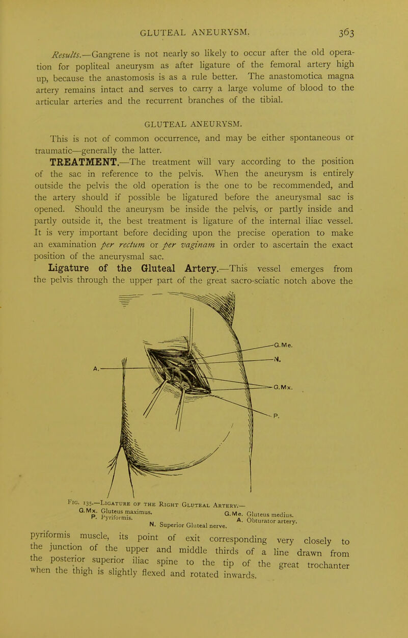 Results.—Qscngrtnc is not nearly so likely to occur after the old opera- tion for popliteal aneurysm as aftet ligature of the femoral artery high up, because the anastomosis is as a rule better. The anastomotica magna artery remains intact and serves to carry a large volume of blood to the articular arteries and the recurrent branches of the tibial. GLUTEAL ANEURYSM. This is not of common occurrence, and may be either spontaneous or traumatic—generally the latter. TREATMENT.—The treatment will vary according to the position of the sac in reference to the pelvis. When the aneurysm is entirely outside the pelvis the old operation is the one to be recommended, and the artery should if possible be ligatured before the aneurysmal sac is opened. Should the aneurysm be inside the pelvis, or partly inside and partly outside it, the best treatment is ligature of the internal iliac vessel. It is very important before deciding upon the precise operation to make an examination per rectum or per vaginam in order to ascertain the exact position of the aneurysmal sac. Ligature of the Gluteal Artery.—This vessel emerges from the pelvis through the upper part of the great sacro-sciatic notch above the I'lG. 135.—Ligature of the Right Gluteal Artery. G.Mx. P. Gluteus maximus. rs Pyriformis. a! N. Superior Gluteal nerve. Gluteus medius. Obturator artery. pyriformis muscle, its point of exit corresponding the junction of the upper and middle thirds of a the posterior superior iliac spine to the tip of the when the thigh is slightly flexed and rotated inwards. very closely to line drawn from great trochanter