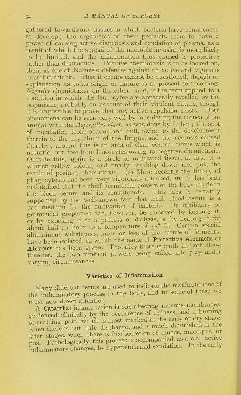 gathered towards any tissues in which bacteria have commenced to develop; the organisms or their products seem to have a power of causing active diapedesis and exudation of plasma, as a result of which the spread of the microbic invasion is more likely to be limited, and the inflammation thus caused is protective rather than destructive. Positive chemiotaxis is to be looked on, then, as one of Nature’s defences against an active and vigorous microbic attack. That it occurs cannot be questioned, though no explanation as to its origin or nature is at present forthcoming. Negative chemiotaxis, on the other hand, is the term applied to a condition in which the leucocytes are apparently repelled by the organisms, probably on account of their virulent nature, though it is impossible to prove that any active repulsion exists. Both phenomena can be seen very well by inoculating the cornea of an animal with the Aspergillus niger, as was done by Leber ; the spot of inoculation looks opaque and dull, owing to the development therein of the mycelium of the fungus, and the necrosis caused thereby ; around this is an area of clear corneal tissue which is necrotic, but free from leucocytes owing to negative chemiotaxis. Outside this, again, is a circle of infiltrated tissue, at first of a whitish-yellow colour, and finally breaking down into pus, the result of positive chemiotaxis. (2) More recently the theory of phagocytosis has been very vigorously attacked, and it has been maintained that the chief germicidal powers of the body reside m the blood serum and its constituents. This idea is certainly supported by the well-known fact that fresh blood serum is a bad medium for the cultivation of bacteria. Its inhibitory 01 germicidal properties can, however, be removed by keeping it, or by exposing it to a process of dialysis, or by heating it for about half an hour to a temperature of 55° C. Certain special albuminous substances, more or less of the nature of ferments, have been isolated, to which the name of Protective Albumens or Alexines has been given. Probably there is truth in both these theories, the two different powers being called into play under varying circumstances. Varieties of Inflammation. Many different terms are used to indicate the manifestations of the inflammatory process in the body, and to some of these we must now direct attention. _ A Catarrhal inflammation is one affecting mucous mernbranes, evidenced clinically by the occurrence of redness, and a Ruining or scalding pain, which is most marked in the early dry sta^e, when therl is but little discharge, and is much dimimshed m the later stages, when there is free secretion of mucus, muco-pus, or pus Pathologically, this process is accompanied, as are all active fnflammatory changes, by hypercemia and exudation. In the early