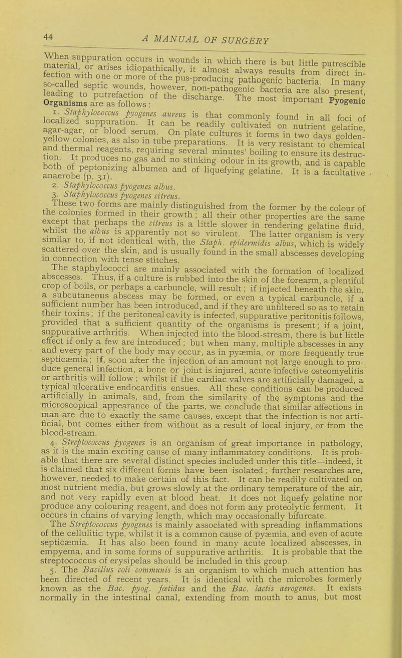 i'? 'pounds in which there is but little putrescible fertinn' ’f^ anses idiopathically, it almost always results from direct in fection with one or more of the pus-producing pathogenic bacteria In manv 1. Staphylococcus pyogcms aureus is that commonly found in all foci of localized suppuration. It can be readily cultivated on nutrient gSinf t)lood serum. On plate cultures it forms in two days^golden- and i preparations. It is very resistant to^ chemical Hni requiring several minutes' boiling to ensure its destruc- produces no gas and no stinking odour in its growth and is capable ““ It , 2. Staphylococcus pyogenes albus. 3. Staphylococcus pyogenes citreus. These two forms are mainly distinguished from the former by the colour of i °‘her properties are the same i perhaps the citreus is a little slower in rendering gelatine fluid whilst the albus is apparently not .so virulent. The latter organism is very similar to, if not identical with, the Staph, epidermidis albus, which is widely scattered over the skin, and is usually found in the small abscesses developing in connection with tense stitches. The staphylococci are mainly associated with the formation of localized abscesses. Thus, if a culture is rubbed into the skin of the forearm, a plentiful crop ot boils, or perhaps a carbuncle, will result; if injected beneath the skin, ^ abscess may be formed, or even a typical carbuncle, if a sufficient number has been introduced, and if they are unfiltered so as to retain their toxins , if the peritoneal cavity is infected, suppurative peritonitis follows, provided that a sufficient quantity of the organisms is present; if a joint, suppurative arthritis. When injected into the blood-stream, there is but little effect if only a few are introduced ; but when many, multiple abscesses in any and every part of the body may occur, as in pyaemia, or more frequently true septicaemia; if, soon after the injection of an amount not large enough to pro- duce general infection, a bone or joint is injured, acute infective osteomyelitis or a.rthritis will follow ; whilst if the cardiac valves are artificially damaged, a typical ulcerative endocarditis ensues. All these conditions can be produced artificially in animals, and, from the similarity of the symptoms and the microscopical appearance of the parts, we conclude that similar affections in man are due to exactly the same causes, except that the infection is not arti- ficial, but comes either from without as a result of local injury, or from the blood-stream. 4. Streptococcus pyogenes is an organism of great importance in pathology, as it is the main exciting cause of many inflammatory conditions. It is prob- able that there are several distinct species included under this title—indeed, it is claimed that six different forms have been isolated; further researches are, however, needed to make certain of this fact. It can be readily cultivated on most nutrient media, but grows slowly at the ordinary temperature of the air, and not very rapidly even at blood heat. It does not liquefy gelatine nor produce any colouring reagent, and does not form any proteolytic ferment. It occurs in chains of varying length, which may occasionally bifurcate. The Streptococcus pyogenes is mainly associated with spreading inflammations of the cellulitic type, whilst it is a common cause of pyaemia, and even of acute septicaemia. It has also been found in many acute localized abscesses, in empyema, and in some forms of suppurative arthritis. It is probable that the streptococcus of erysipelas should be included in this group. 5. The Bacillus colt communis is an organism to which much attention has been directed of recent years. It is identical with the microbes formerly known as the Bac. pyog. fcetidus and the Bac. lactis aerogcnes. It exists normally in the intestinal canal, extending from mouth to anus, but most