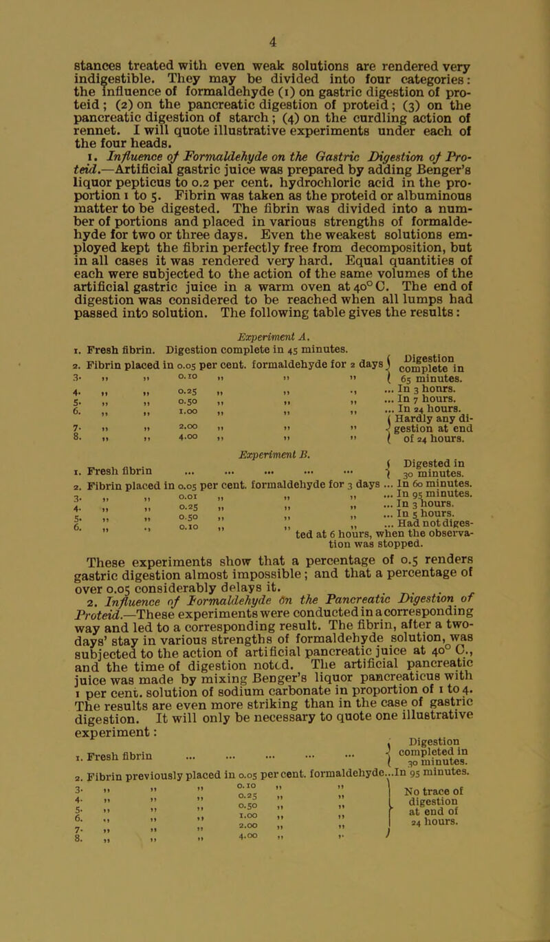 stances treated with even weak solutions are rendered very indigestible. They may be divided into four categories: the Influence of formaldehyde (i) on gastric digestion of pro- teid; (2) on the pancreatic digestion of proteid; (3) on the pancreatic digestion of starch; (4) on the curdling action of rennet. I will quote illustrative experiments under each of the four heads. 1. Influence of Formaldehyde on the Gastric Digestion of Pro- teid.—Artificial gastric juice was prepared by adding Benger’s liquor pepticus to 0.2 per cent, hydrochloric acid in the pro- portion 1 to 5. Fibrin was taken as the proteid or albuminous matter to be digested. The fibrin was divided into a num- ber of portions and placed in various strengths of formalde- hyde for two or three days. Even the weakest solutions em- ployed kept the fibrin perfectly free from decomposition, but in all cases it was rendered very hard. Equal quantities of each were subjected to the action of the same volumes of the artificial gastric juice in a warm oven at40°C. The end of digestion was considered to be reached when all lumps had passed into solution. The following table gives the results: 2. 3 4- 5- 6. 7- 8. Experiment A. Fresh fibrin. Digestion complete in 45 minutes. Fibrin placed in 0.0s per cent, formaldehyde for 2 days j o. 10 0.25 0.50 1.00 2.00 4.00 Digestion complete in ( 65 minutes. ... In 3 honrs. ... In 7 hours. ... In 24 hours. 1 Hardly any di- ' gestion at end ( of 24 hours. Experiment 11. Fresh fibrin Digested in 30 minutes. In 60 minutes. In 95 minutes. In 3 hours. In s hours. Had not diges- Fibrin placed in 0.05 per cent, formaldehyde for 3 days O.OI n »» O.25 ft »» »* 0.50 n i» »» O.IO < I | ) ? 1  * n ted at 6 hours, when the observa- tion was stopped. These experiments show that a percentage of 0.5 renders gastric digestion almost impossible; and that a percentage of over 0.05 considerably delays it. 2. Influence of Formaldehyde On the Pancreatic Digestion of Proteid.—These experiments were conducted in acorresponding way and led to a corresponding result. The fibrin, after a two- days’ stay in various strengths of formaldehyde solution, was subjected to the action of artificial pancreatic juice at 40° 0., and the time of digestion noted. The artificial pancreatic juice was made by mixing Benger’s liquor pancreaticus with 1 per cent, solution of sodium carbonate in proportion of 1 to 4. The results are even more striking than in the case of gastric digestion. It will only be necessary to quote one illustrative experiment: . Digestion *•»>■ a™ j Fibrin previously placed in 0.05 percent, formaldehyde...In 95 minutes. O. IO 0.25 0.50 1.00 2.00 4.00 No trace of digestion at end of 24 hours.