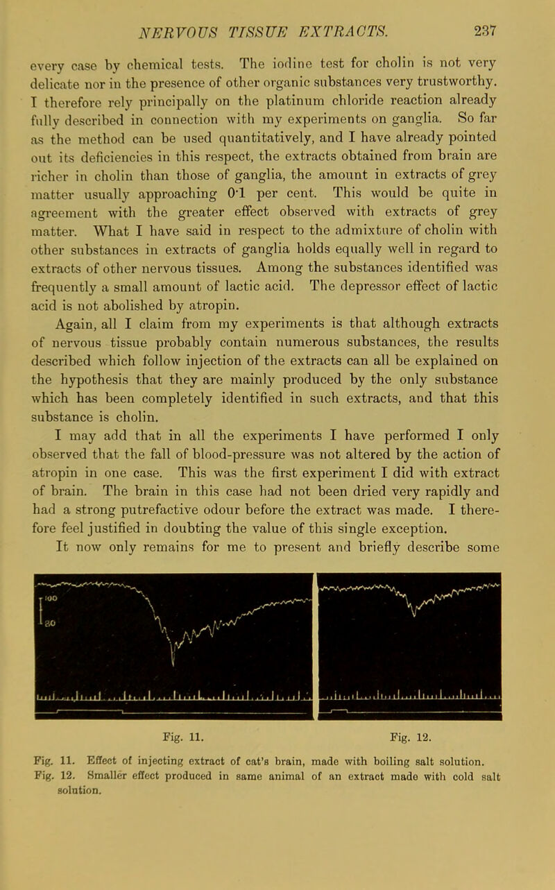 every case by chemical tests. The iodine test for cholin is not very delicate nor in the presence of other organic substances very trustworthy. I therefore rely principally on the platinum chloride reaction already fully described in connection with my experiments on ganglia. So far as the method can be used quantitatively, and I have already pointed out its deficiencies in this respect, the extracts obtained from brain are richer in cholin than those of ganglia, the amount in extracts of grey matter usually approaching OT per cent. This would be quite in agreement with the greater effect observed with extracts of grey matter. What I have said in respect to the admixture of cholin with other substances in extracts of ganglia holds equally well in regard to extracts of other nervous tissues. Among the substances identified was frequently a small amount of lactic acid. The depressor effect of lactic acid is not abolished by atropin. Again, all I claim from my experiments is that although extracts of nervous tissue probably contain numerous substances, the results described which follow injection of the extracts can all be explained on the hypothesis that they are mainly produced by the only substance which has been completely identified in such extracts, and that this substance is cholin. I may add that in all the experiments I have performed I only observed that the fall of blood-pressure was not altered by the action of atropin in one case. This was the first experiment I did with extract of brain. The brain in this case had not been dried vei'y rapidly and had a strong putrefactive odour before the extract was made. I there- fore feel justified in doubting the value of this single exception. It now only remains for me to present and briefly describe some Fig. 11. Fig. 12. Fig. 11. Effect of injecting extract of cat’s brain, made with boiling salt solution. Fig. 12. Smaller effect produced in same animal of an extract made with cold salt solution.