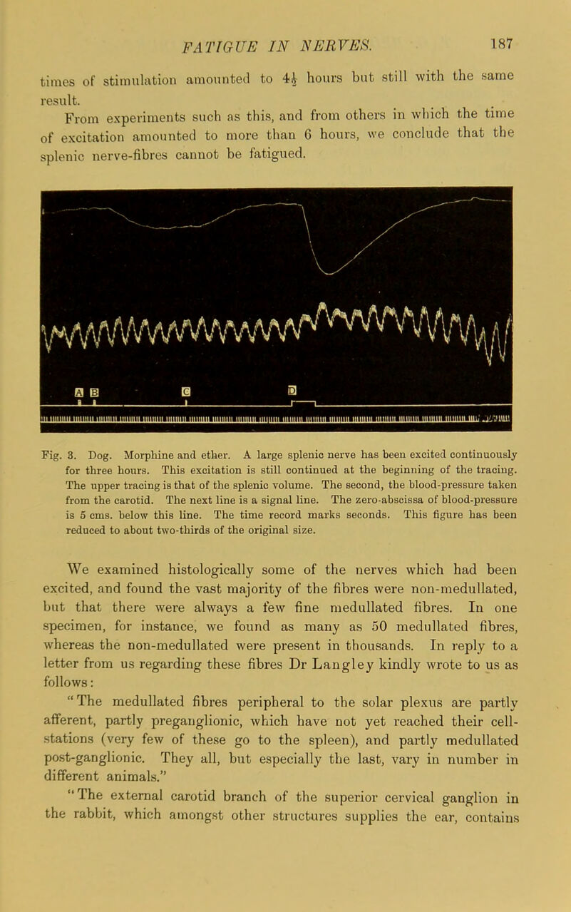 times of stimulation amounted to 4£ hours but still with the same result. From experiments such as this, and from others in which the time of excitation amounted to more than 6 hours, we conclude that the splenic nerve-fibres cannot be fatigued. Fig. 3. Dog. Morphine and ether. A large splenic nerve has been excited continuously for three hours. This excitation is still continued at the beginning of the tracing. The upper tracing is that of the splenic volume. The second, the blood-pressure taken from the carotid. The next line is a signal line. The zero-abscissa of blood-pressure is 5 cms. below this line. The time record marks seconds. This figure has been reduced to about two-thirds of the original size. We examined histologically some of the nerves which had been excited, and found the vast majority of the fibres were non-medullated, but that there were always a few fine medullated fibres. In one specimen, for instance, we found as many as 50 medullated fibres, whereas the non-medullated were present in thousands. In reply to a letter from us regarding these fibres Dr Langley kindly wrote to us as follows: “ The medullated fibres peripheral to the solar plexus are partly afferent, partly preganglionic, which have not yet reached their cell- stations (very few of these go to the spleen), and partly medullated post-ganglionic. They all, but especially the last, vary in number in different animals.” ‘‘The external carotid branch of the superior cervical ganglion in the rabbit, which amongst other structures supplies the ear, contains