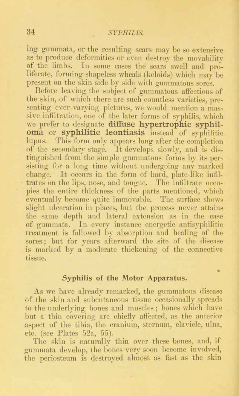 ing gumniata, or tlic resulting scars may be so extensive as to produce deformities or even destroy the movability of the limbs. In some cases the scars swell and pro- liferate, forming shapeless wheals (keloids) Avhich may be present on the skin side by side with gummatous sores. Before, leaving the subject of gummatous affections of the skin, of which there are such countless varieties, pre- senting ever-varying pictures, we would mention a mas- sive infiltration, one of the later forms of syphilis, which we prefer to designate difFtise hypertrophic syphil- oma or syphilitic leontiasis instead of syphilitic ln))us. This form only appears long after the comjdetion of the secondary stage. It develops slowly, and is dis- tinguished from the simj)le gummatous forms by its ])cr- sisting for a long time without undergoing any marked change. It occurs in the form of hard, plate-like infil- trates on the lips, nose, and tongue. The infiltrate occu- pies tlie entire thickness of the jiarts mentioned, which eventually become quite immovable. The surface shows slight ulceration in places, but the process never attains the same <kq)th and lateral extension as in the case of gummata. In every instance energetic antisyphilitic treatment is followed by absorption and healing of the soi’es: but for vears afterward the site of the disease ’ 4/ is marked by a moderate thickening of the connective tissue. Syphilis of the Motor Apparatus. As we have already remarked, the gummatous disease of the skin and subcutaneous tissue occasionally spreads to the nnderlviuff bones and muscles; bones which have but a thin covering are chiefly affected, as the anterior aspect of the tibia, the cranium, sternum, clavicle, ulna, etc. (see Plates 52a, 55). The skin is naturally thin over these bones, and, if gummata develop, the bones very soon become involved, tlie periosteum is destroyed almost as fast as the skin