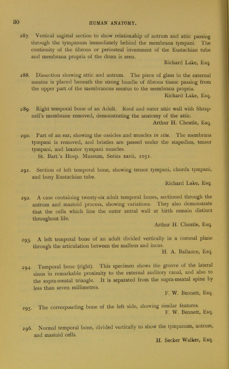 287. Vertical sagittal section to show relationship of antrum and attic passing through the tympanum immediately behind the membrana tympani. The continuity of the fibrous or periosteal investment of the Eustachian tube and membrana propria of the drum is seen. Richard Lake, Esq. 288. Dissection showing attic and antrum. The piece of glass in the external meatus is placed beneath the strong bundle of fibrous tissue passing from the upper part of the membranous meatus to the membrana propria. Richard Lake, Esq. 289. Right temporal bone of an Adult. Roof and outer attic wall with Shrap- nell’s membrane removed, demonstrating the anatomy of the attic. Arthur H. Cheatle, Esq. 290. Part of an ear, showing the ossicles and muscles in situ. The membrana tympani is removed, and bristles ai'e passed under the stapedius, tensor tympani, and laxator tympani muscles. St. Bart.’s Hosp. Museum, Series xxvii, 1051. 291. Section of left temporal bone, showing tensor tympani, chorda tympani, and bony Eustachian tube. Richard Lake, Esq. 292. A case containing twenty-six adult temporal bones, sectioned through the antrum and mastoid process, showing variations. They also demonstrate that the cells which line the outer antral wall at birth remain distinct throughout life. Arthur H. Cheatle, Esq. 293. A left temporal bone of an adult divided vertically in a coronal plane through the articulation between the malleus and incus. H. A. Ballance, Esq. 294. Temporal bone (right). This specimen shows the groove of the lateral sinus in remarkable proximity to the external auditory canal, and also to the supra-meatal triangle. It is separated from the supra-meatal spine by less than seven millimetres. F. W. Bennett, Esq. 2Q^. The corresponding bone of the left side, showing similar features. F. W. Bennett, Esq. 296. Normal temporal bone, divided vertically to show the tympanum, antrum, and mastoid cells. H. Seeker Walker, Esq.