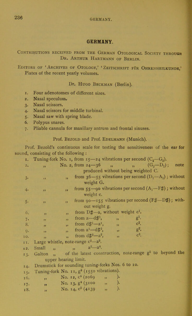 GERMANY. GERMANY. Contributions received from the German Otological Society through Dr. Arthur Hartmann of Berlin. Editors of ‘ Archives of Otology,’ ‘ Zeitschrift fur Ohrenheilkunde,’ Plates of the recent yearly volumes. Dr. Hugo Beckman (Berlin). 1. Four adenotomes of different sizes. 2. Nasal speculum. 3. Nasal scissors. 4. Nasal scissors for middle turbinal. 5. Nasal saw with spring blade. 6. Polypus snares. 7. Pliable cannula for maxillary antrum and frontal sinuses. Prof. Bezold and Prof. Edelmann (Munich). Prof. Bezold’s continuous scale for testing the sensitiveness of the ear for sound, consisting of the following : 1. Tuning-fork No. i, from 15—24 vibrations per second (Cj—Gg). 2. „ No. 2, from 24—36 „ „ (Gg—D^); note produced without being weighted C. 3. ,, „ from 36—55 vibrations per second (D^—A^) ; without weight G. 4. ,, „ from 55—90 vibrations per second (A^—F$); without weight c. 5. „ „ from 90—155 vibrations per second (F#—D#); with- out weight g. 6. ,, from Dfl:—a, without weight c^. 7- ,, from a—d#*. )5 g^- 8. „ from d#^—a^ JJ C2. 9- )> „ from —d#®, g^- lO. J3 „ from d#2—a^. J5 C®. 11. Large whistle, note-range c^—a®. 42. Small „ „ a3—a^ 13- Galton „ of the latest construction. note-range upper hearing limit. 14. Drumstick for sounding tuning-forks Nos. 6 to 10. 15- Tuning-fork No. ii, g* (1550 vibrations). 16. No. 12, C* (2069 ,, ). 17- ff No. 13, gMsioo ). 18. J) No. 14, c® (4139 )i )•