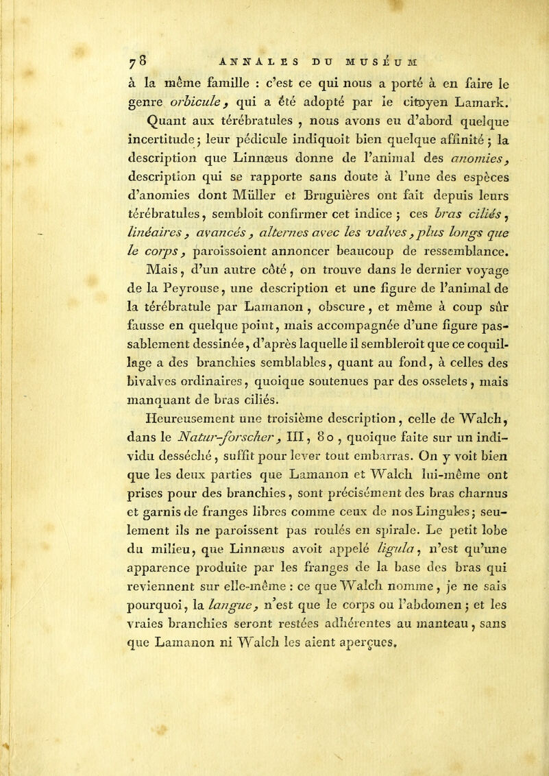 à la même famille : c’est ce qui nous a porté à en faire le genre orbicule, qui a été adopté par ie citoyen Lamark. Quant aux térébratules , nous avons eu d’abord quelque incertitude 5 leur pédicule indiquoit bien quelque affinité 5 la description que Linnæus donne de l’animal des anomies, description qui se rapporte sans doute à l’une des espèces d’anomies dont Miilier et Bruguières ont fait depuis leurs térébratules, sembloit confirmer cet indice 5 ces bras ciliés , linéaires , avancés , alternes avec les valves ? plus longs que le corps ? paroissoient annoncer beaucoup de ressemblance. Mais , d’1111 autre côté , on trouve dans le dernier voyage de la Peyrouse , une description et une figure de l’animal de la térébratule par Lamanon , obscure , et même à coup sûr fausse en quelque point, mais accompagnée d’une figure pas- sablement dessinée, d’après laquelle il semblerait que ce coquil- lage a des branchies semblables, quant au fond, à celles des bivalves ordinaires, quoique soutenues par des osselets, mais manouant de bras ciliés. JL Heureusement une troisième description, celle de Walch, dans le Natur-foi'scher III, 8 o , quoique faite sur un indi- vidu desséché , suffit pour lever tout embarras. O11 y voit bien que les deux parties que Lamanon et Walch lui-même ont prises pour des branchies, sont précisément des bras charnus et garnis de franges libres comme ceux de nos Lingules ; seu- lement ils ne paraissent pas roulés en spirale. Le petit lobe du milieu, que Linnæus avoit appelé ligula, n’est qu’une apparence produite par les franges de la base des bras qui reviennent sur elle-même : ce que Walch nomme, je ne sais pourquoi, la langue? n’est que 1e corps ou l’abdomen $ et les vraies branchies seront restées adhérentes au manteau, sans que Lamanon ni Walch les aient aperçues.