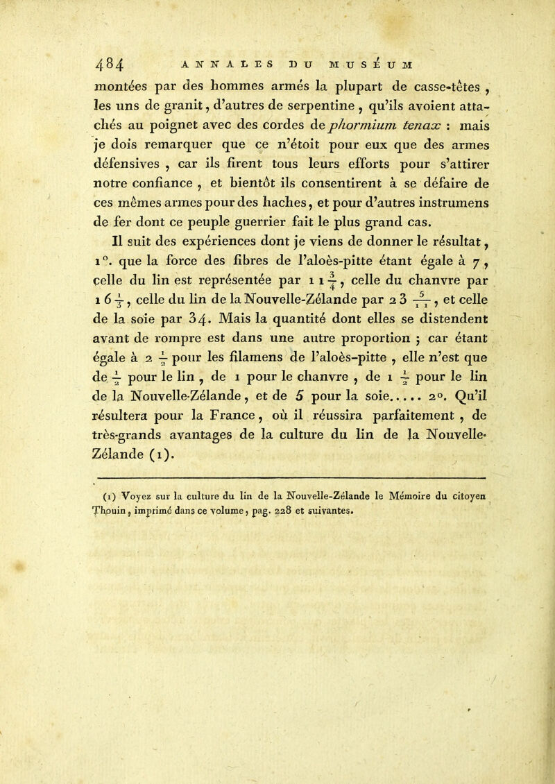 montées par des hommes armés la plupart de casse-têtes , les uns de granit, d’autres de serpentine , qu’ils avoient atta- chés au poignet avec des cordes de phormium tenaæ : mais je dois remarquer que ce n’étoit pour eux que des armes défensives , car ils firent tous leurs efforts pour s’attirer notre confiance , et bientôt ils consentirent à se défaire de ces mêmes armes pour des haches , et pour d’autres instrumens de fer dont ce peuple guerrier fait le plus grand cas. Il suit des expériences dont je viens de donner le résultat, 1 °. que la force des fibres de l’aloès-pitte étant égale à 7 , Celle du lin est représentée par 1 1 ~, celle du chanvre par 16 j, celle du lin de la Nouvelle-Zélande par 2 3 ~, et celle de la soie par 34* Mais la quantité dont elles se distendent avant de rompre est dans une autre proportion $ car étant égale à 2 7 pour les filamens de l’aloès-pitte , elle n’est que de -i- pour le lin , de 1 pour le chanvre , de 1 ~ pour le lin de la Nouvelle-Zélande, et de 5 pour la soie 20. Qu’il résultera pour la France, où il réussira parfaitement , de très-grands avantages de la culture du lin de la Nouvelle» Zélande (1). (1) Voyez sur la culture du lin de la Nouvelle-Zélande le Mémoire du citoyen Thpuin j imprimé dans ce volume ? pag. 228 et suivantes.