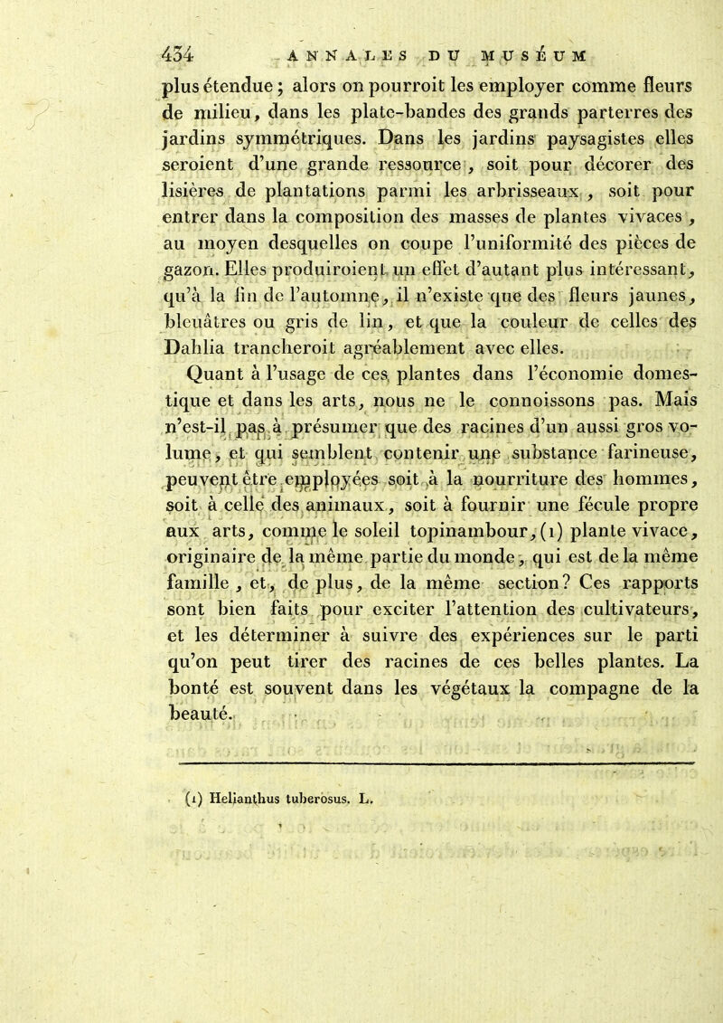 plus étendue ; alors onpourroit les employer comme fleurs de milieu, dans les plate-bandes des grands parterres des jardins symmétriques. Dans les jardins paysagistes elles seroient d’une grande ressource , soit pour décorer des lisières de plantations parmi les arbrisseaux , soit pour entrer dans la composition des masses de plantes vivaces , au moyen desquelles on coupe l’uniformité des pièces de gazon. Elles produiroient un effet d’autant plus intéressant, qu’à la lin de l’automne, il n’existe que des fleurs jaunes, bleuâtres ou gris de lin, et que la couleur de celles des Dahlia trancheroit agréablement avec elles. Quant à l’usage de ces, plantes dans l’économie domes- tique et dans les arts, nous ne le cormoissons pas. Mais n’est-il pas à présumer que des racines d’un aussi gros vo- lume, et qui semblent contenir une substance farineuse, peuvept être employées soit à la nourriture des hommes, soit à celle des animaux, soit à fournir une fécule propre aux arts, comme le soleil topinambour, (1) plante vivace, originaire de la même partie du monde, qui est de la même famille , et, de plus, de la même section? Ces rapports sont bien faits pour exciter l’attention des cultivateurs, et les déterminer à suivre des expériences sur le parti qu’on peut tirer des racines de ces belles plantes. La bonté est souvent dans les végétaux la compagne de la beauté. (i) Helianthus tuberosus. L.