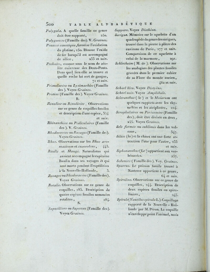 Polygala. A quelle famille ce genre doit être rapporté, 25o. Polygonées (Famille des). V. Graines, Potasse caustique l’oxidation du platine, i5o. Dissout l’oxide de fer lorsqu’il est accompagné de silice , i»53 et suiv. Prehaite, connue sous le nom de zéo- lite cuivreuse des Deux-Ponts. Dans quel lieu elle se trouve et quelle roclie lui sert de gangue, 71 et suiv. Priinulacées ou Lysimachies dos ). Voyez Graines. P ratées (Famille des). \ oyez Graines. R. Rénuline ou Rénulinite , Observations sur ce genre de coquilles fossiles et description d’une espèce, 334 et suiv. Rhinanthées ou Pédiculaires (Famille des ). V. Graines. Rhodoracées ou7?oj«ej(Famille doi). \ ovez Graines. Rhus. Obsci’vations sur les Rhus aro- matiemn et suaceolens, 443. Riedlé et Mangé. Naturalistes qui avoient accompagné le capitaine Baudin dans ses voyages èt qui sont morts pendant l’expédition à'la Nouvelle-Hollande, 3. Rosages ou Rhodoracées (Famille des ). Voyez Graines. Rotalie. Observations sur ce genre de coquilles, i83. Description de quatre especes fossiles nommées Totalités, i84- S. Sapotilliers ou Sapotées (Famille des). Voyez Graines. Sappare. Voyez Disthène. Sarigue. Mémoire sur le squelette d’un quadrupède du genredessarigues, trouvé dans la pierre à plâtre des environs de Paris, 277 et suiv. Comparaison de ce squelette à celui de la marmose , 291. Schlotheim ( M. de ). Observations sur les analogues des plantes fossiles gravées tkins le premier cahier de sa Flore du monde ancien, 462 et suiv. Schorl bleu. Voyez Distyène. Schorl noir. Voyez Amphibole. Scleranthus ( le ) et le Mniariim ont quelques rapports avec les tby- mélées et les atriplicées, 224. Scrophulaires ou Perso/inées (Famille des) , doit être divisée en deux , 255. Voyez Graines. Sels formés ou sublimés dans les vol- cans , 54^. Silice (la ) et la chaux ont une forte at- traction l’une pour l’autre, 233 et suiv. Siphonanthus{\je ) appartient aux ver- bénacées. 257. Solanées ( Famille des ). Voy. Graines. Sparriis. Le poisson lossile trouvé à Nanterre appartient à ce genre, 0/f. et suiv. Spiroline. Observations sur ce genre de coquilles, 244. Description de deux espèces fossiles ou spiro- a43. Spirule{Nautilusspirula Ij.). Coquillage rapporté de la Nouvelle - Hol- lande par M. Péron. La coquille n’enveloppe point l’animal, mais