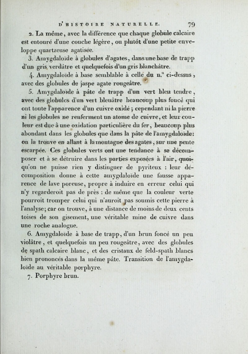 2. La meme, avec la différence que chaque globule calcaire est entouré d’une couche légère, ou plutôt d’une petite enve- loppe quartzeuse agatisée. 3. Amygdaloide à globules d’agates, dansunebase de trapp d’un gris verdâtre et quelquefois d’un gris blanchâtre. 4- Amygdaloide à base semblable à celle du n.° ci-dessus > avec des globules de jaspe agate rougeâtre. 5. Amygdaloide à pâte de trapp d’un vert bleu tendre , avec des globules d’un vert bleuâtre beaucoup plus foncé qui ont toute l’apparence d’un cuivre oxidé ; cependant ni 1a pierre ni les globules ne renferment un atome de cuivre , et leur cou- leur est due à une oxidation particulière du fer, beaucoup plus abondant dans les globules que dans la pâte de Famygdaloide: on la trouve en allant à la montagne des agates, sur une pente escarpée. Ces globules verts ont une tendance à se décoiim- poser et à se détruire dans les parties exposées à l’air, quoi- qu’on ne puisse rien y distinguer de pyriteux : leur dé- composition donne à cette amygdaloide une fausse appa- rence de lave poreuse, propre à induire en erreur celui qui n’y regarderoit pas de près : de meme que la couleur verte pourroit tromper celui qui n’auroit pas soumis cette pierre à l’analyse; car on trouve, à une distance de moins de deux cents toises de son gisement, une véritable mine de cuivre dans une roche analogue. 6. Amygdaloide à base de trapp, d’un brun foncé un peu violâtre , et quelquefois un peu rougeâtre, avec des globules de spath calcaire blanc, et des cristaux de feld-spath blancs bien prononcés dans la meme pâte. Transition de l’amygda- loide au véritable porphyre.