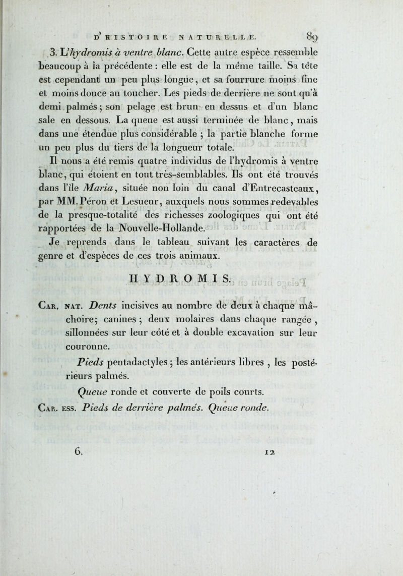 3. XJhydromis à ventre blanc. Cette autre espèce ressemble beaucoup à ia précédente : elle est de la meme taille. Sa tête est cependant un peu plus longue, et sa fourrure moins line et moins douce au toucher. Les pieds de derrière ne sont qu’à demi palmés ; son pelage est brun en dessus et d’un blanc sale en dessous. La queue est aussi terminée de blanc, mais dans une étendue plus considérable ; la partie blanche forme un peu plus du tiers de la longueur totale. Il nous a été remis quatre individus de l’hydromis à ventre blanc, qui étoient en tout très-semblables. Ils ont été trouvés dans file Maria, située non loin du canal d’Entrecasteaux, par MM. Pérou et Lesueur, auxquels nous sommes redevables de la presque-totalité des richesses zoologiques qui ont été rapportées de la Nouvelle-Hollande. Je reprends dans le tableau suivant les caractères de genre et d’espèces de ces trois animaux. II Y D R O M I S. • ^CT jSj.j ; r ' JiJ 11^ Ail.. J I t J M. ; ‘J Car. nat. Dents incisives au nombre de deux à chaque mâ- choire; canines ; deux molaires dans chaque rangée , sillonnées sur leur côté et à double excavation sur leur couronne. Pieds pentadactyles ; les antérieurs libres , les posté- rieurs palmés. Queue ronde et couverte de poils courts. Car. ess. Pieds de derrière palmés. Queue ronde. 6. 12