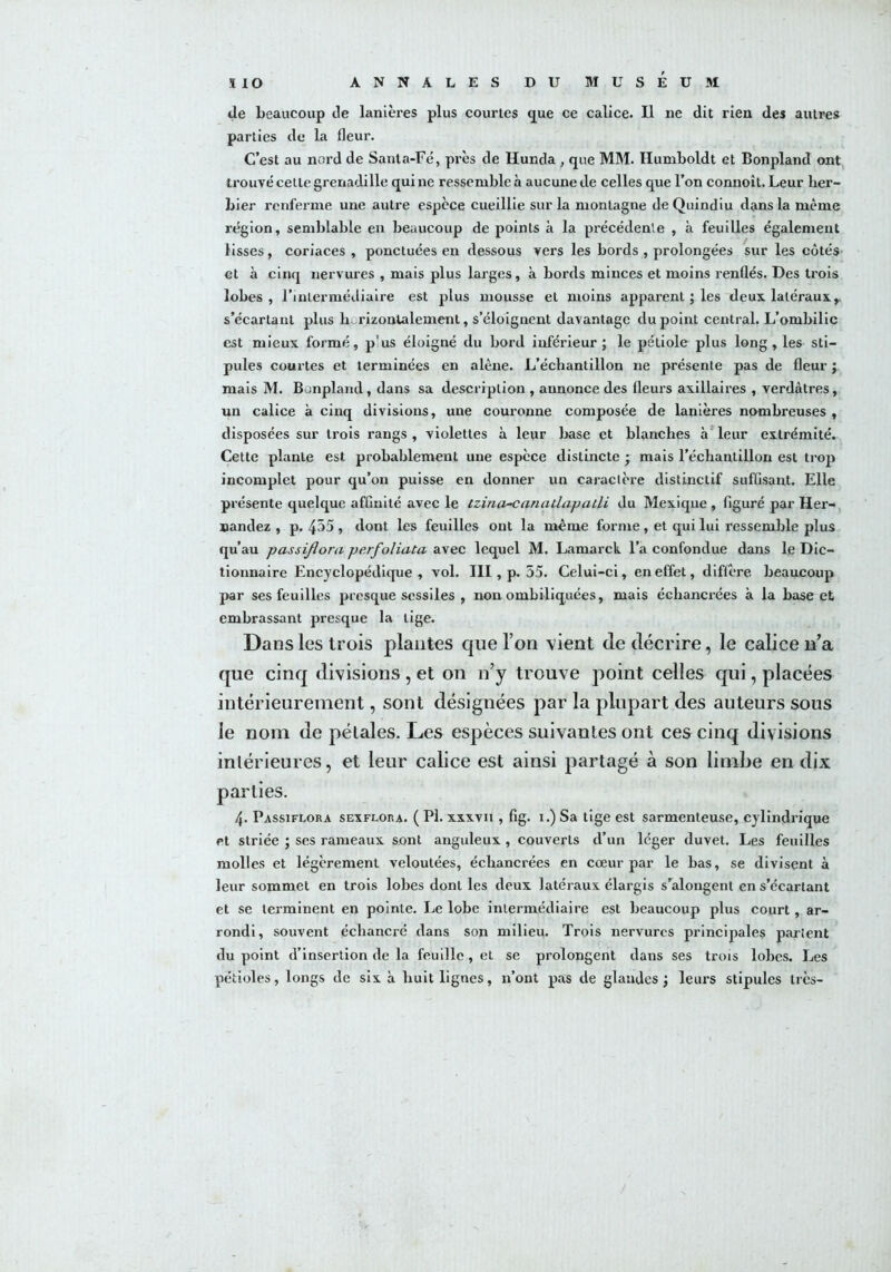 de beaucoup de lanières plus courtes que ce calice. Il ne dit rien des autres parties de la fleur. C’est au nord de Santa-Fé, près de Hunda , que MM. llumboldt et Bonpland ont trouvé cette grenadille qui ne ressemble à aucune de celles que l’on connoît. Leur her- bier renferme une autre espèce cueillie sur la montagne deQuindiu dans la même région, semblable en beaucoup de points à la précédente , à feuilles également lisses, coriaces, ponctuées en dessous vers les bords , prolongées sur les côtés et à cinq nervures , mais plus larges, à bords minces et moins renflés. Des trois lobes , l’intermédiaire est plus mousse et moins apparent ; les deux latérauxr s’écartant plus li rizontalemenl, s’éloignent davantage du point central. L’ombilic est mieux formé, pus éloigné du bord inférieur; le pétiole plus long , les sti- pules courtes et terminées en alêne. L’échantillon ne présente pas de fleur ; mais M. Bonpland, dans sa description , annonce des fleurs axillaires , verdâtres, un calice à cinq divisions, une couronne composée de lanières nombreuses , disposées sur trois rangs , violettes à leur base et blanches à leur extrémité. Cette plante est probablement une espèce distincte ; mais l’échantillon est trop incomplet pour qu’on puisse en donner un caractère distinctif suffisant. Elle présente quelque affinité avec le tzina-canatlapadi du Mexique , figuré par Her- nandez , p. 455, dont les feuilles ont la même forme, et qui lui ressemble plus qu’au passiflora perfoliata avec lequel M. Lamarck l’a confondue dans le Dic- tionnaire Encyclopédique, vol. III, p. 55. Celui-ci, en effet, diffère beaucoup par ses feuilles presque sessiles , non ombiliquées, mais échancrées à la base et embrassant presque la lige. Dans les trois plantes que l’on vient de décrire, le calice 11’a que cinq divisions , et on n’y trouve point celles qui, placées intérieurement, sont désignées par la plupart des auteurs sous le nom de pétales. Les espèces suivantes ont ces cinq divisions intérieures, et leur calice est ainsi partagé à son limbe en dix parties. 4. Passiflora sexflora. (Pl. xxxvii , fig. i.)Sa tige est sarmenteuse, cylindrique et striée ; ses rameaux sont anguleux , couverts d’un léger duvet. Les feuilles molles et légèrement veloutées, échancrées en cœur par le bas, se divisent à leur sommet en trois lobes dont les deux latéraux élargis s’alongent en s’écartant et se terminent en pointe. Le lobe intermédiaire est beaucoup plus court, ar- rondi, souvent écliancré dans son milieu. Trois nervures principales parient du point d’insertion de la feuille, et se prolongent dans ses trois lobes. Les pétioles, longs de six à huit lignes, n’ont pas de glandes; leurs stipules très-